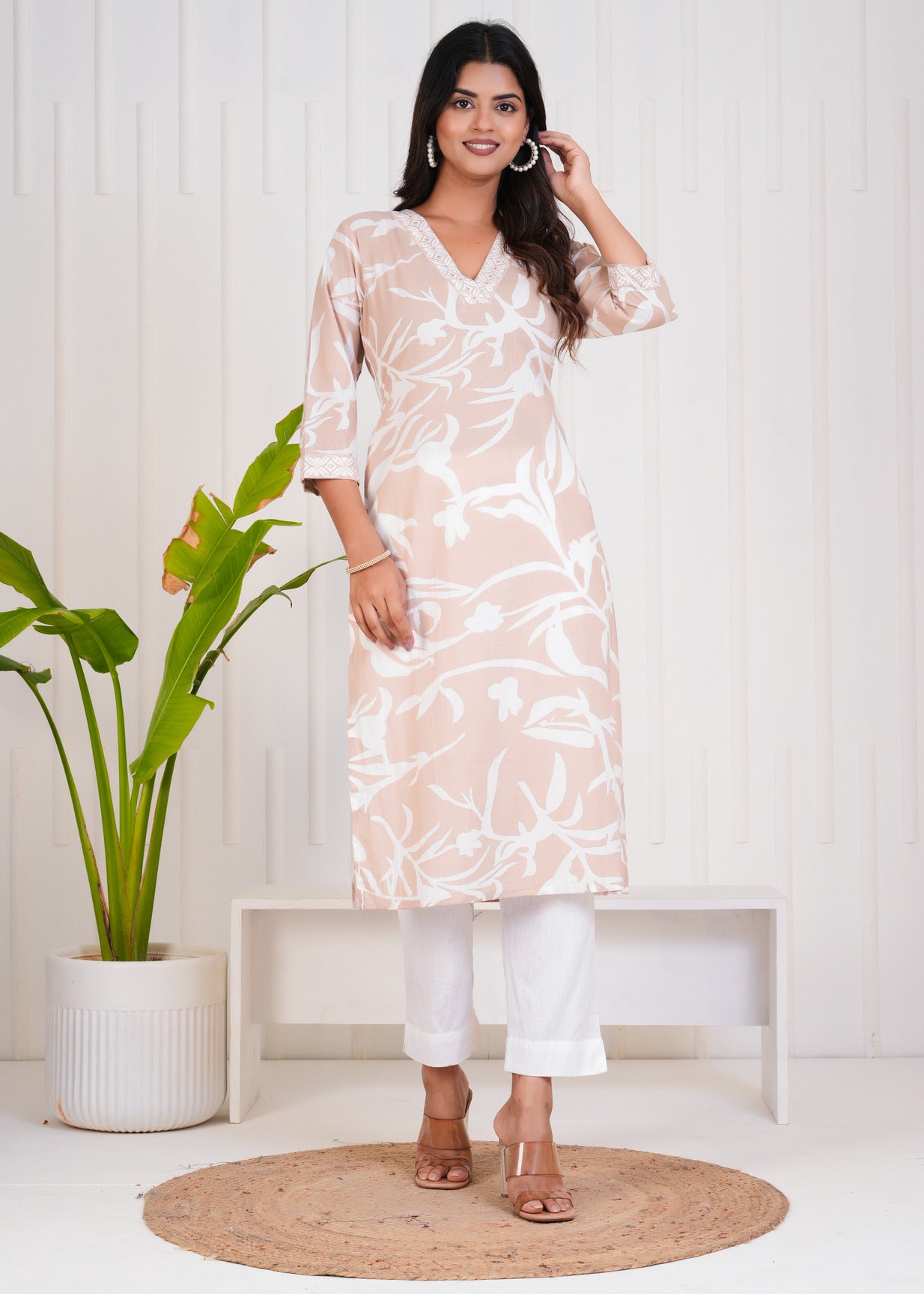 Beige With White Floral Printed Cotton Kurti