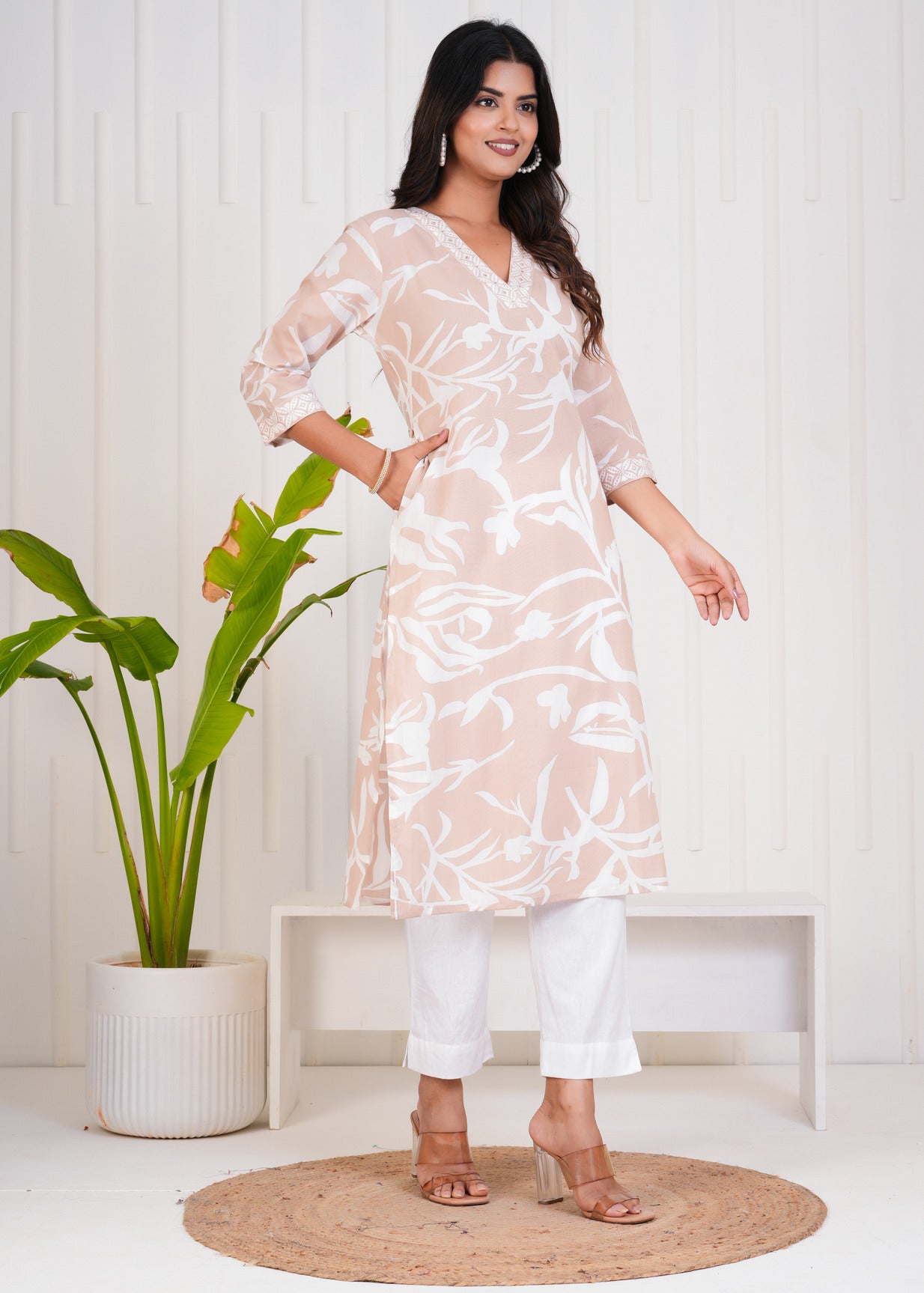 Beige With White Floral Printed Cotton Kurti