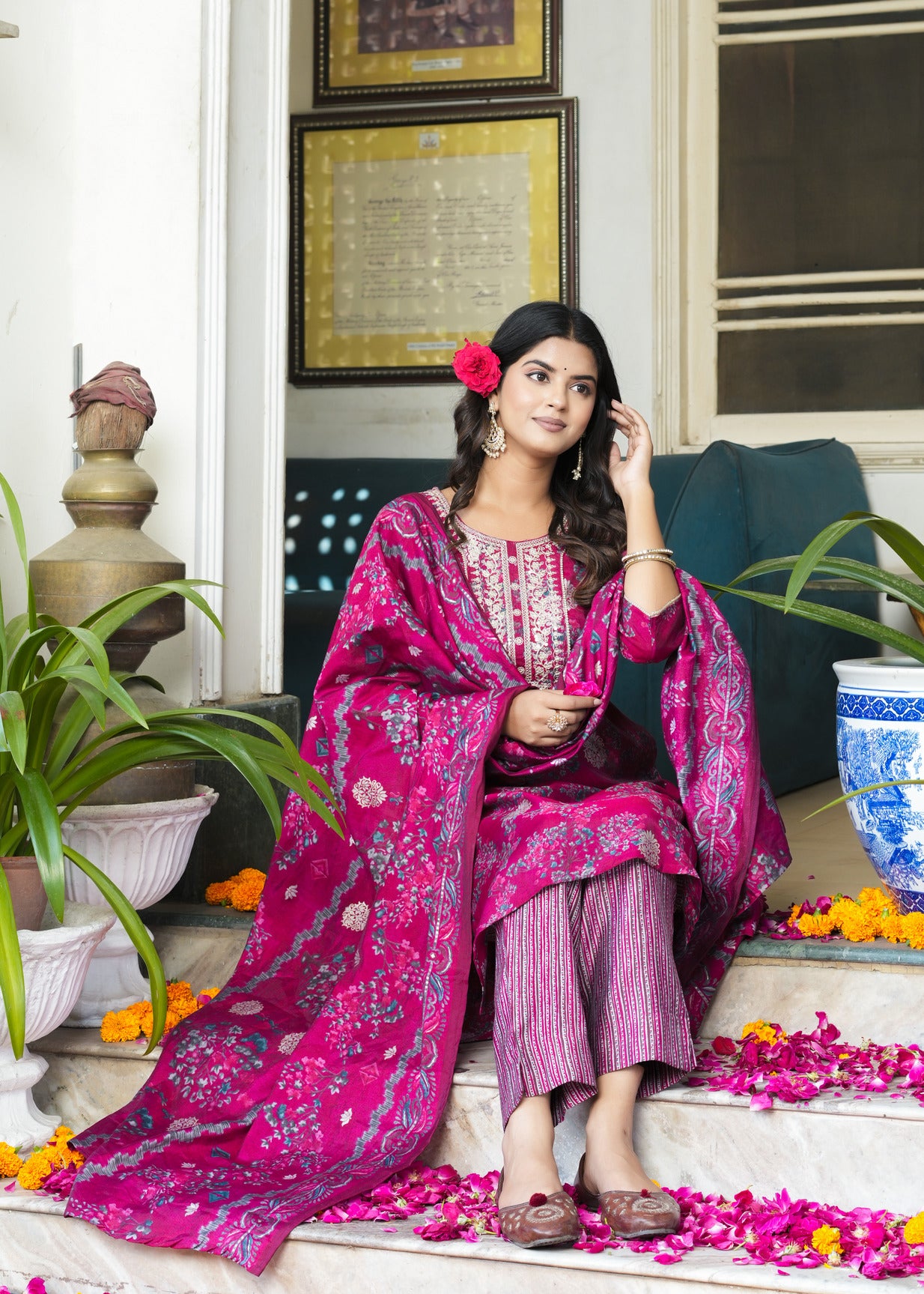 Maroon With Floral Embroidered and Embellished Silk Suit Set