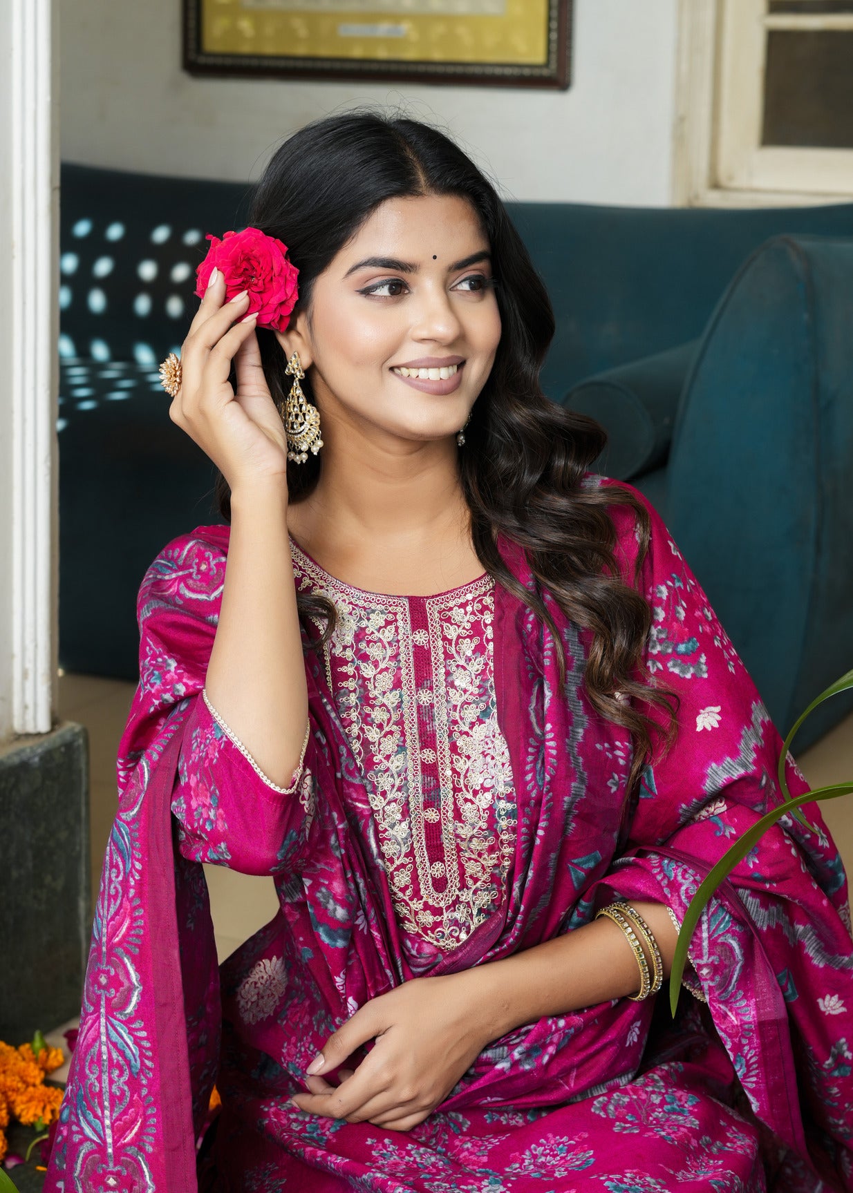 Maroon With Floral Embroidered and Embellished Silk Suit Set
