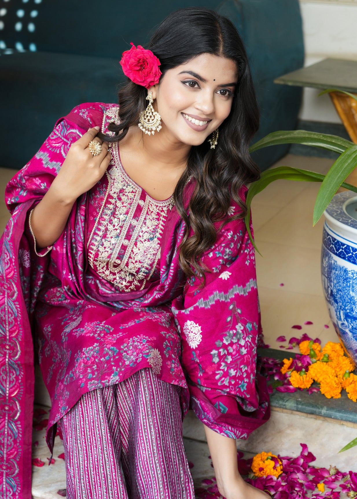 Maroon With Floral Embroidered and Embellished Silk Suit Set