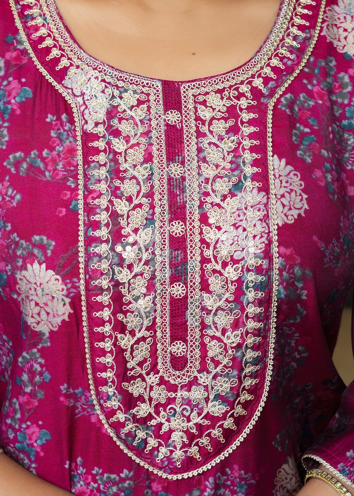 Maroon With Floral Embroidered and Embellished Silk Suit Set