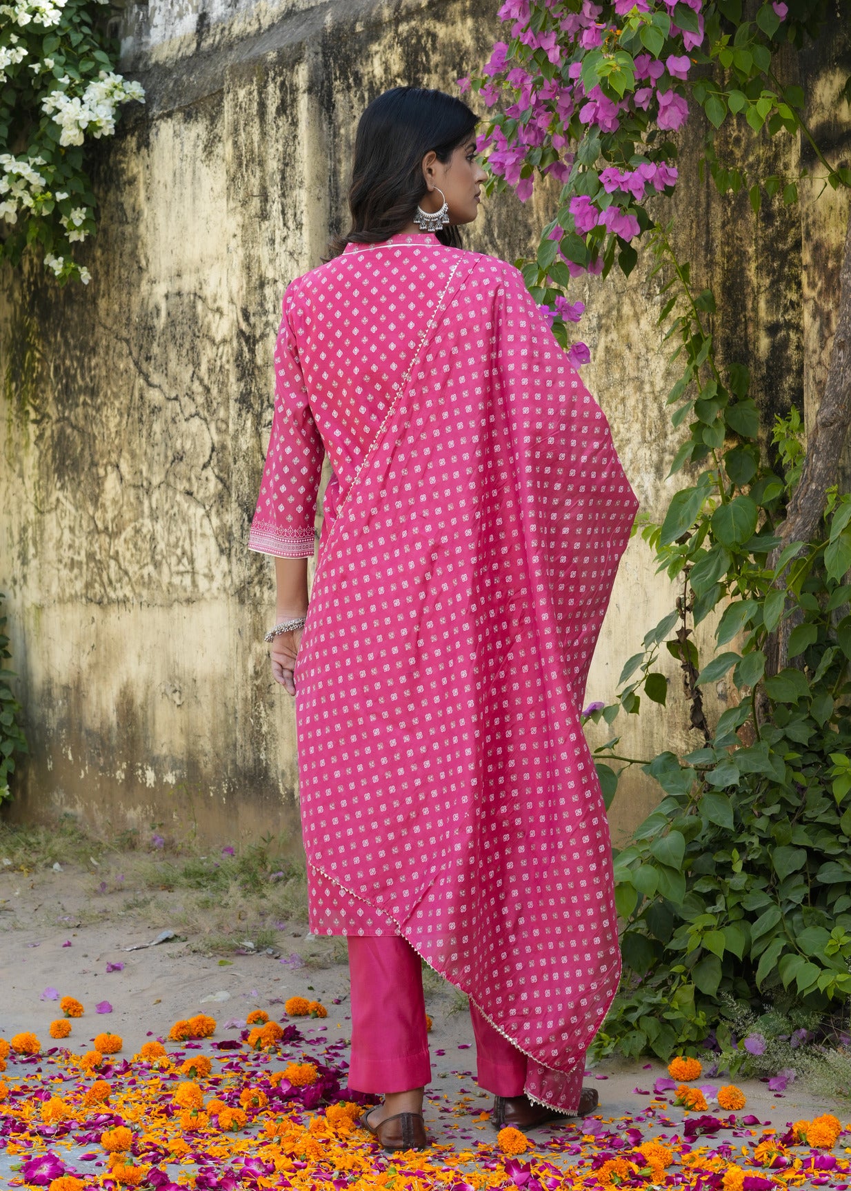 Pink With Floral Golden Embellished Silk Suit Set