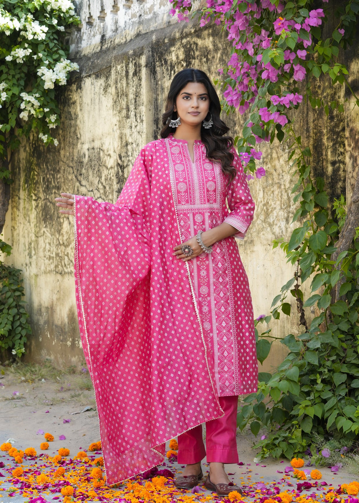 Pink With Floral Golden Embellished Silk Suit Set