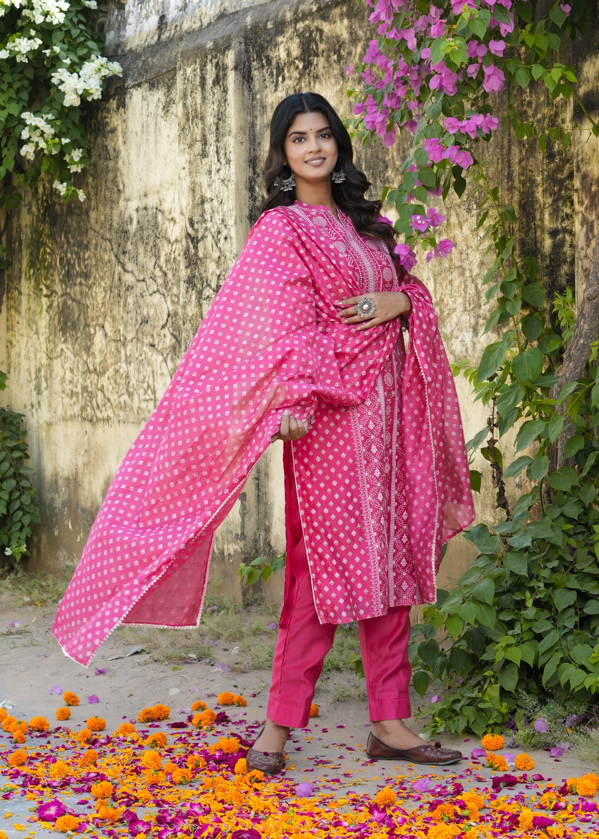 Pink With Floral Golden Embellished Silk Suit Set