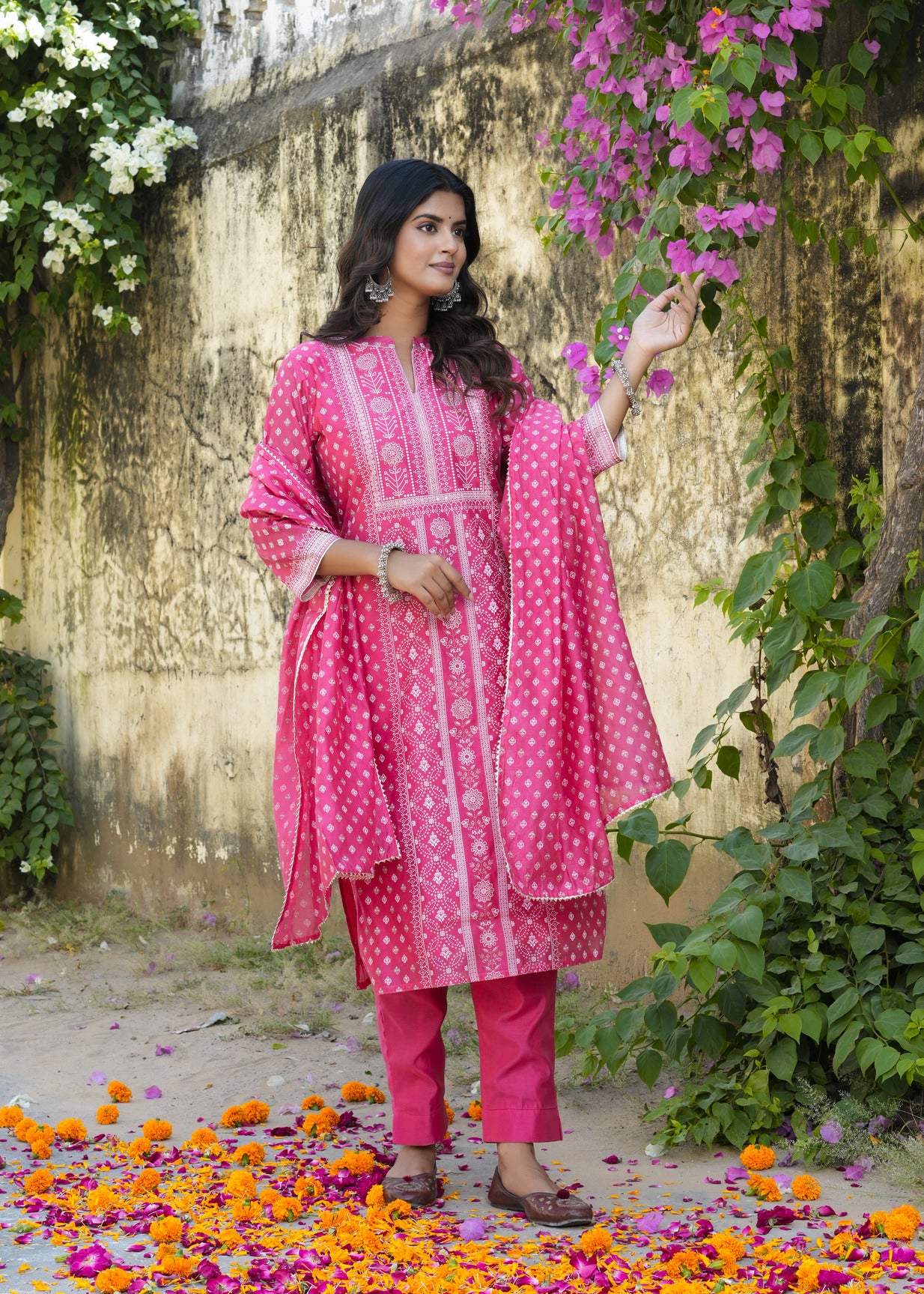 Pink With Floral Golden Embellished Silk Suit Set