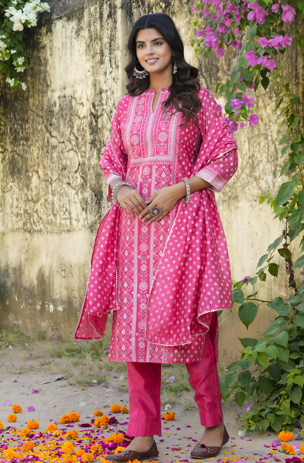 Pink With Floral Golden Embellished Silk Suit Set