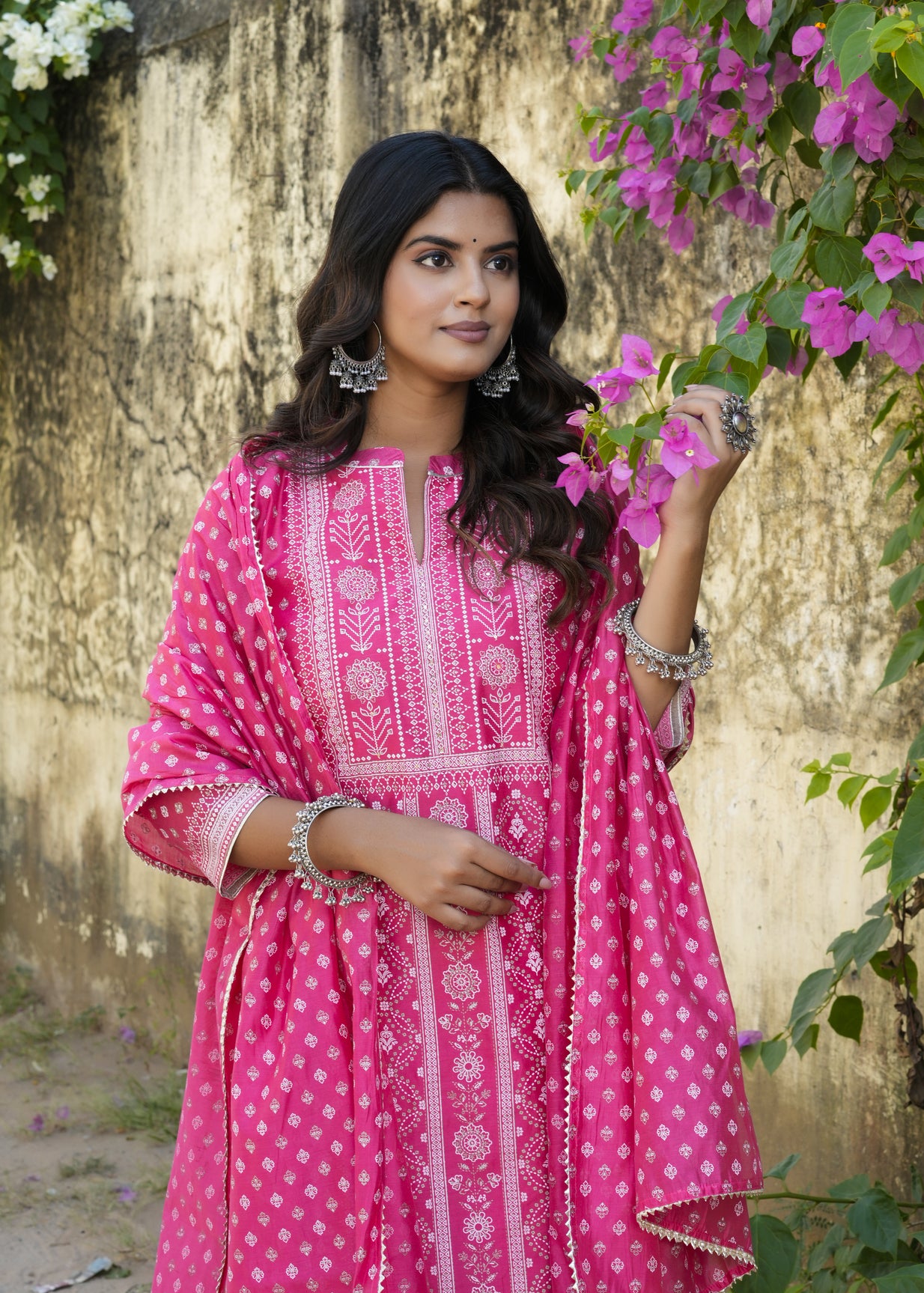 Pink With Floral Golden Embellished Silk Suit Set