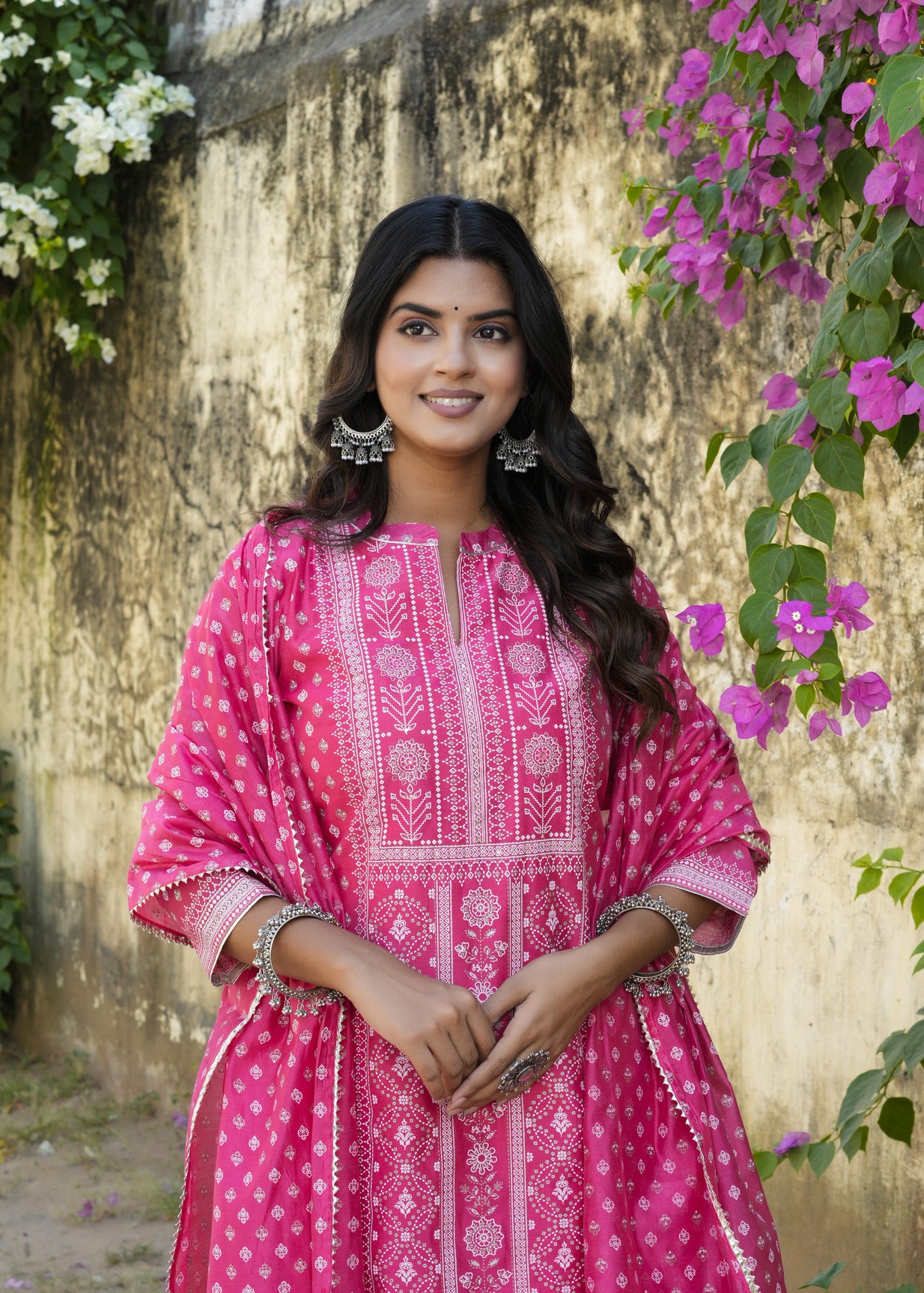 Pink With Floral Golden Embellished Silk Suit Set