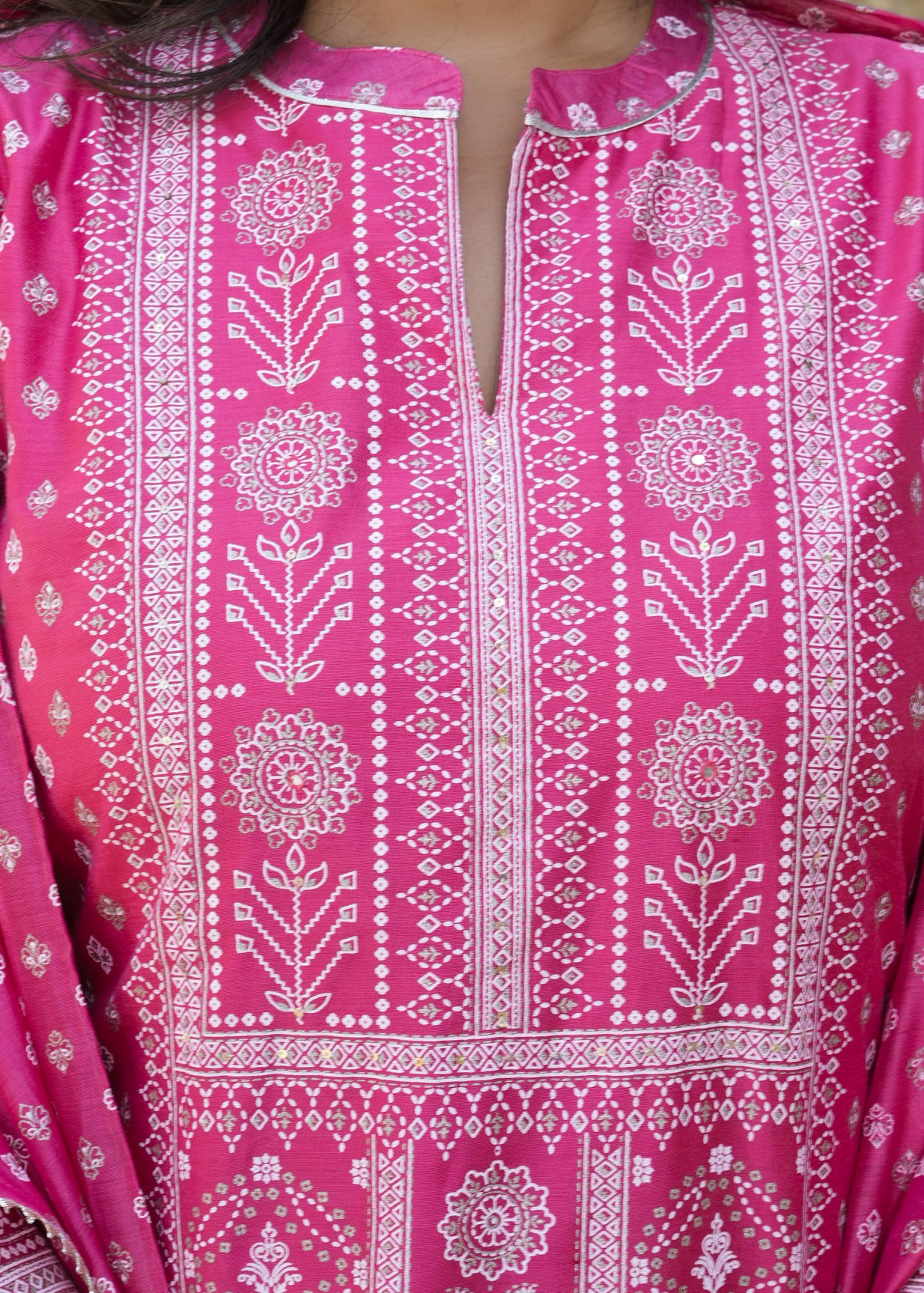 Pink With Floral Golden Embellished Silk Suit Set