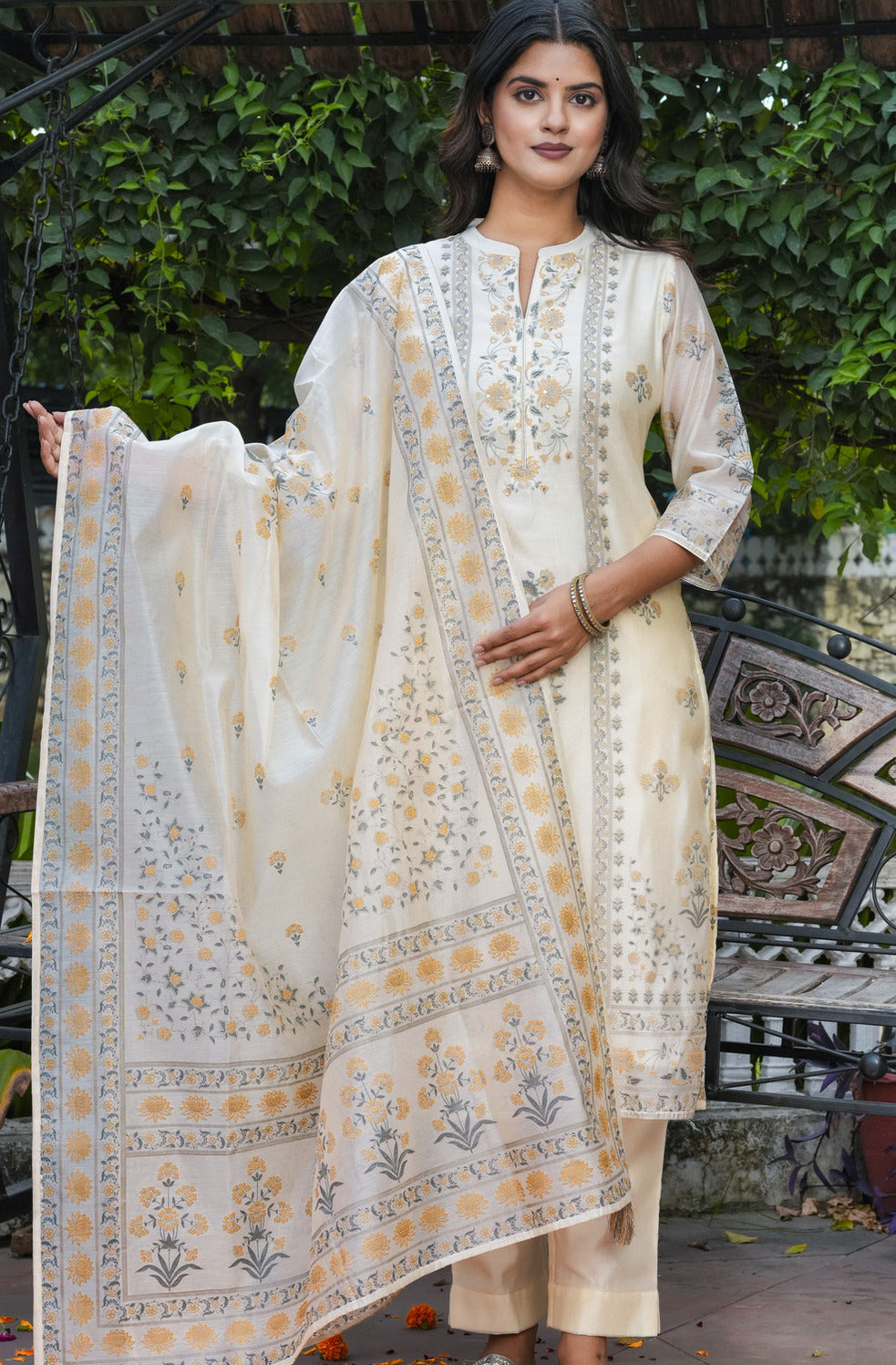 Cream With Floral Embroidered and Embellished Silk Suit Set