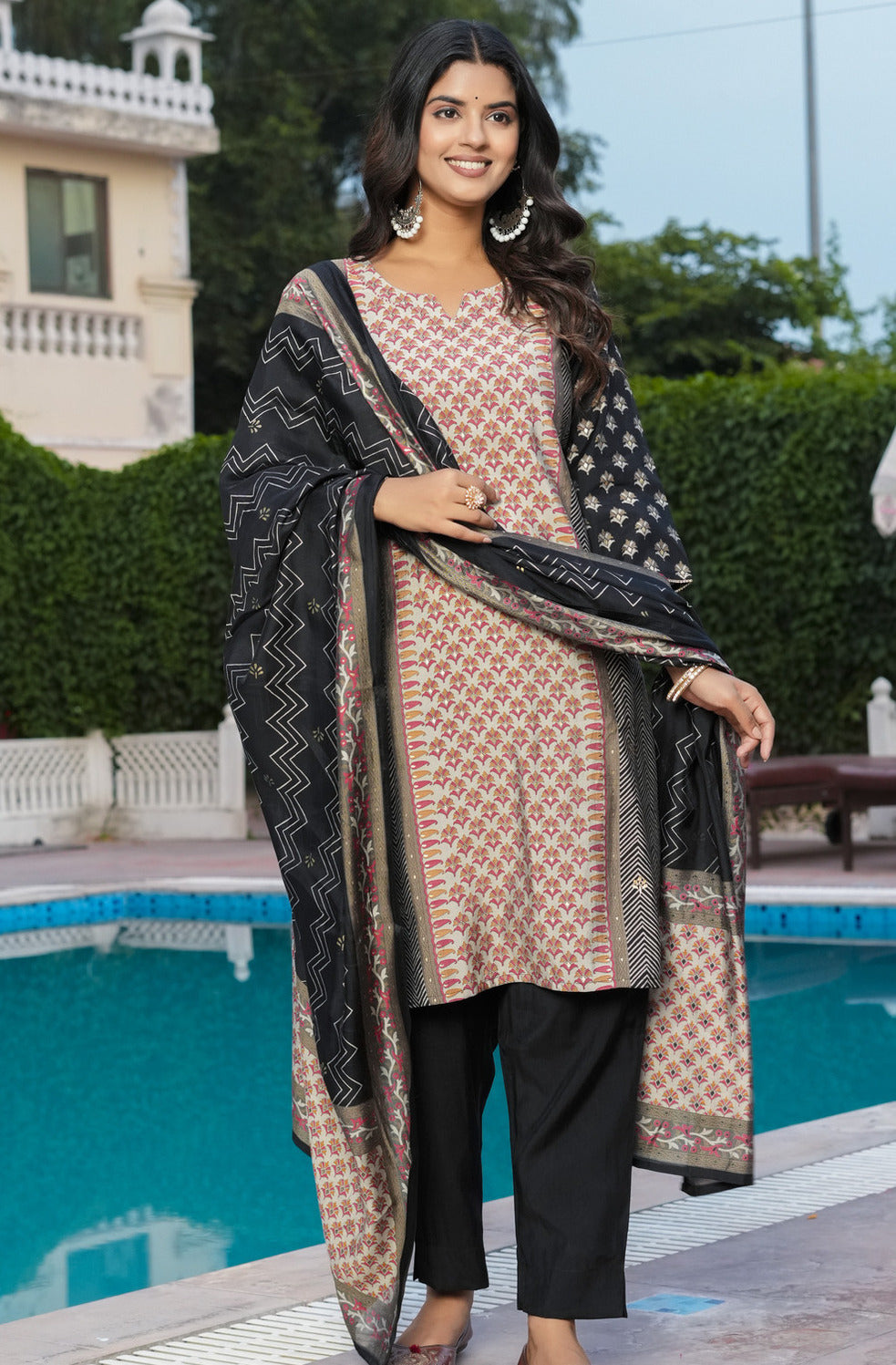 Black With Dark Pink Floral Embroidered and Embellished Maslin Suit Set