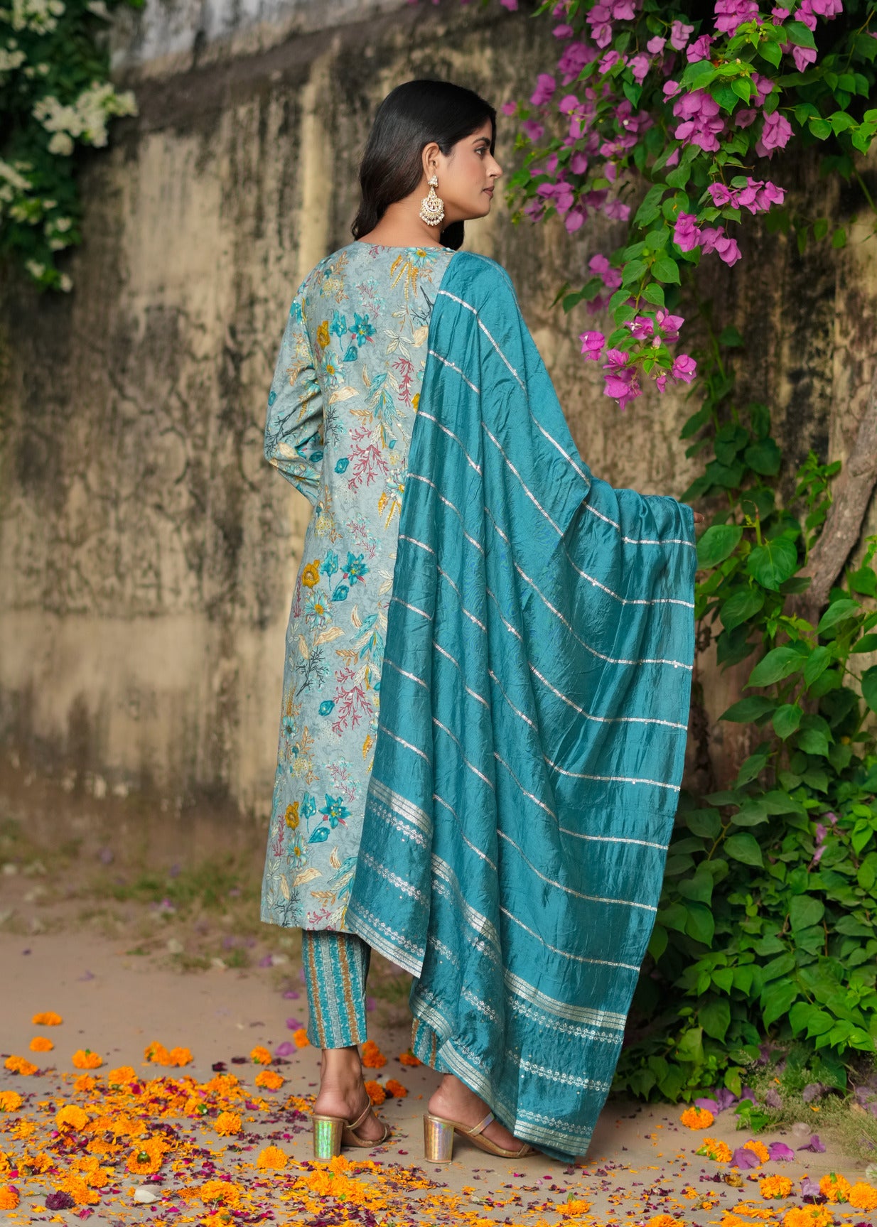 Turquoise Green With Floral Embroidered and Embellished Silk Suit Set