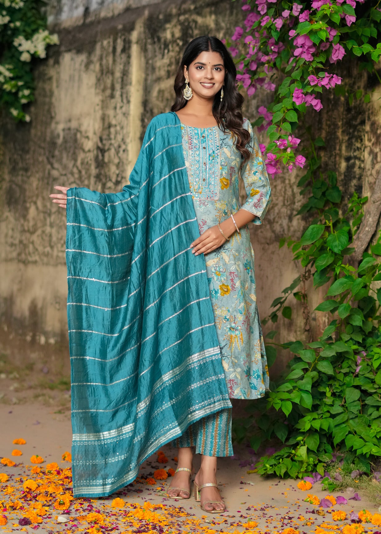 Turquoise Green With Floral Embroidered and Embellished Silk Suit Set