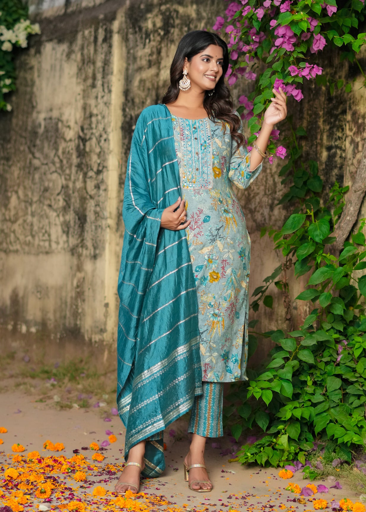 Turquoise Green With Floral Embroidered and Embellished Silk Suit Set