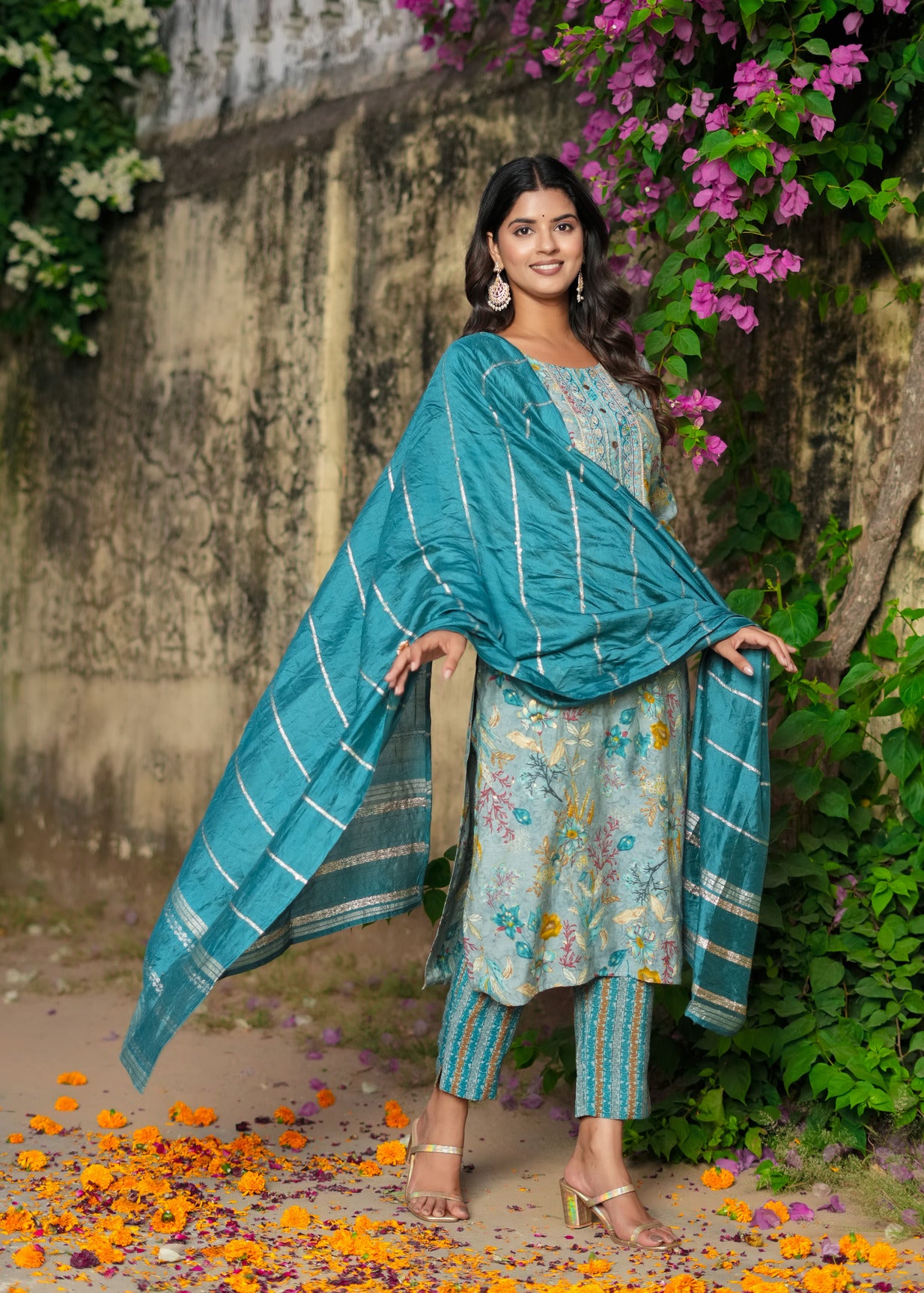 Turquoise Green With Floral Embroidered and Embellished Silk Suit Set
