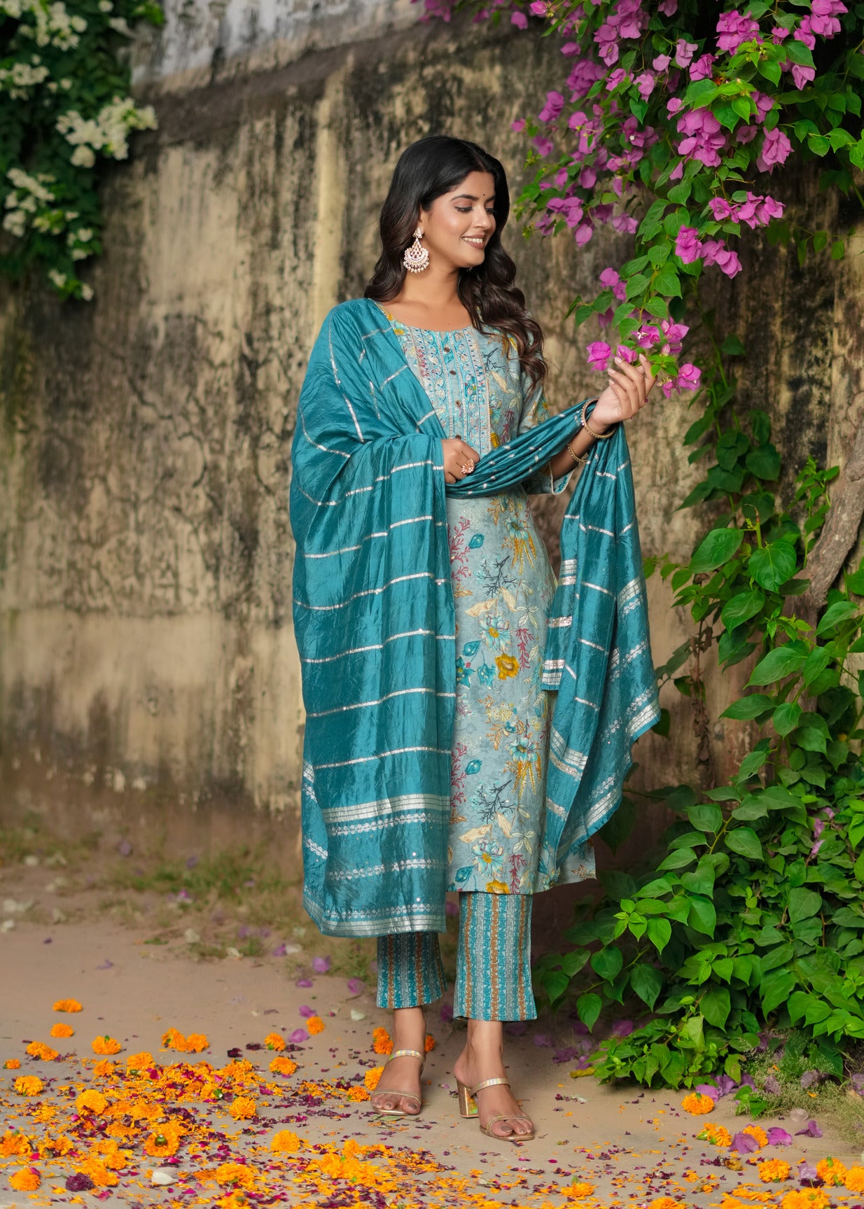 Turquoise Green With Floral Embroidered and Embellished Silk Suit Set