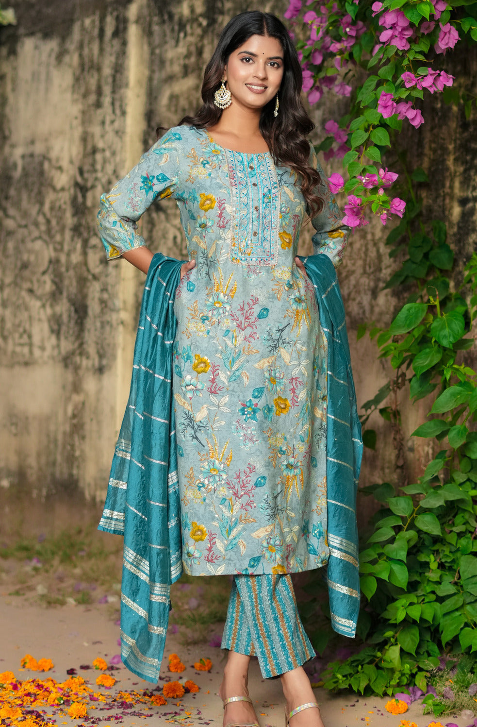 Turquoise Green With Floral Embroidered and Embellished Silk Suit Set