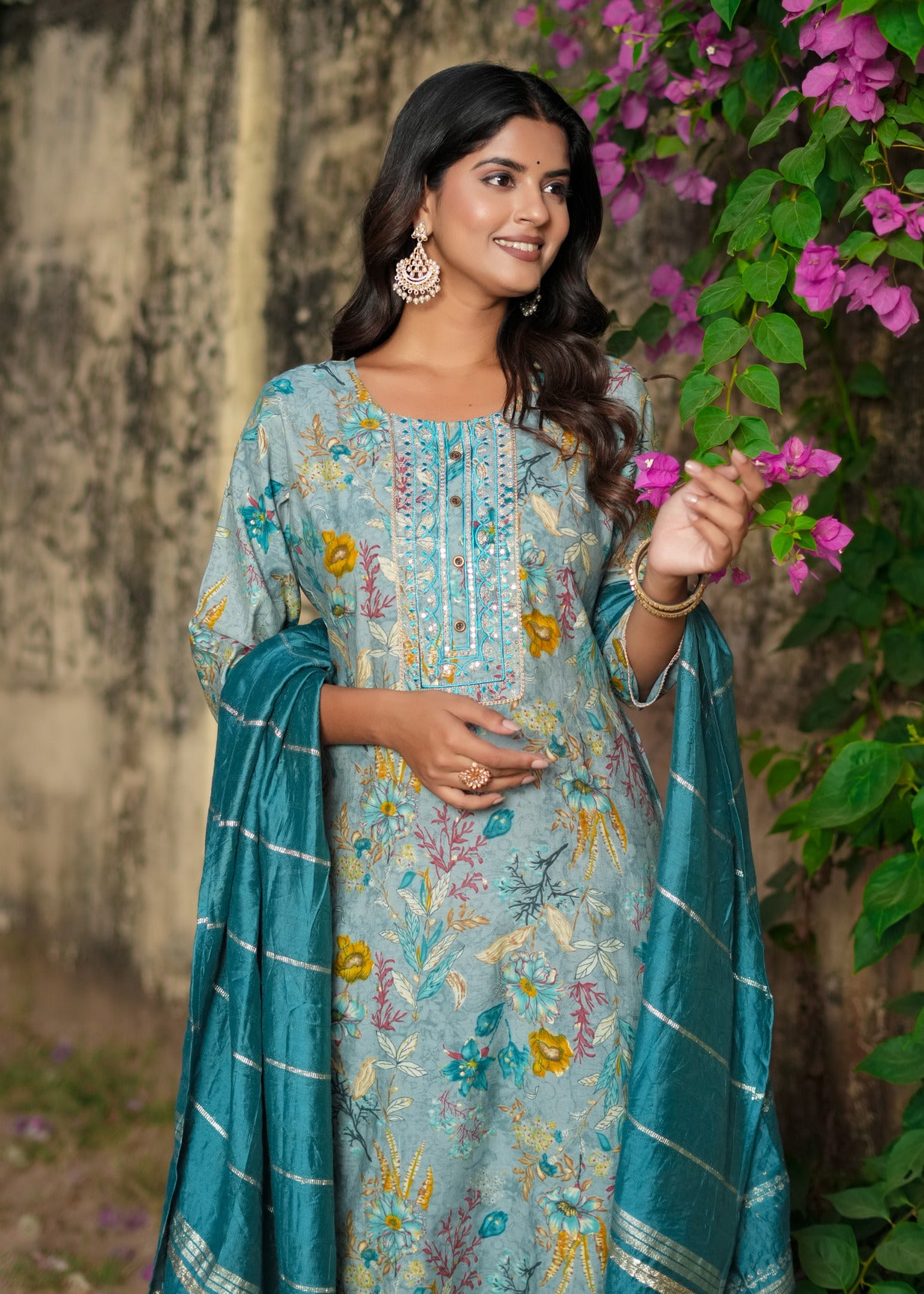 Turquoise Green With Floral Embroidered and Embellished Silk Suit Set