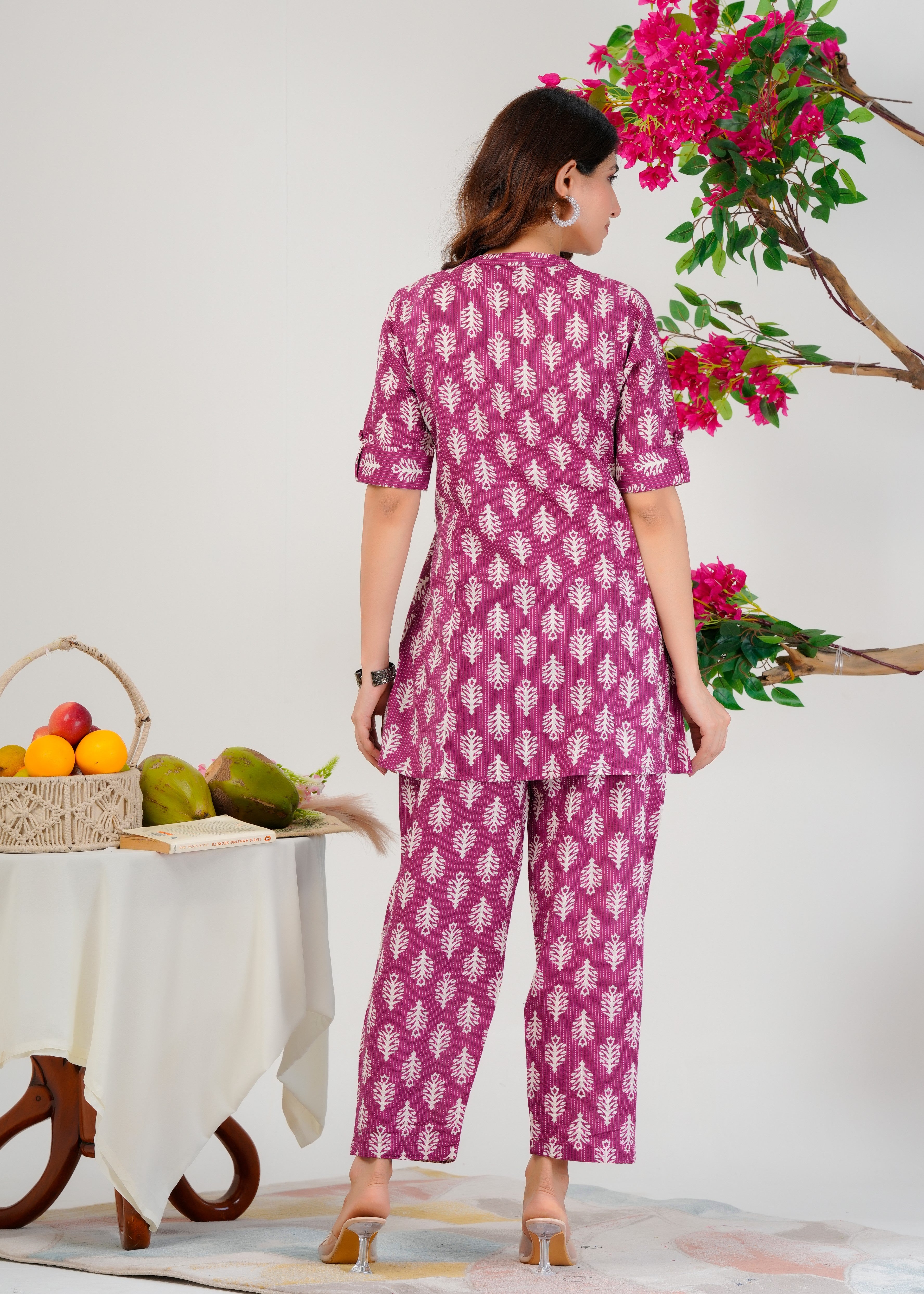 Purple Cotton Co-Ord Set With A Colored Floral Block Print