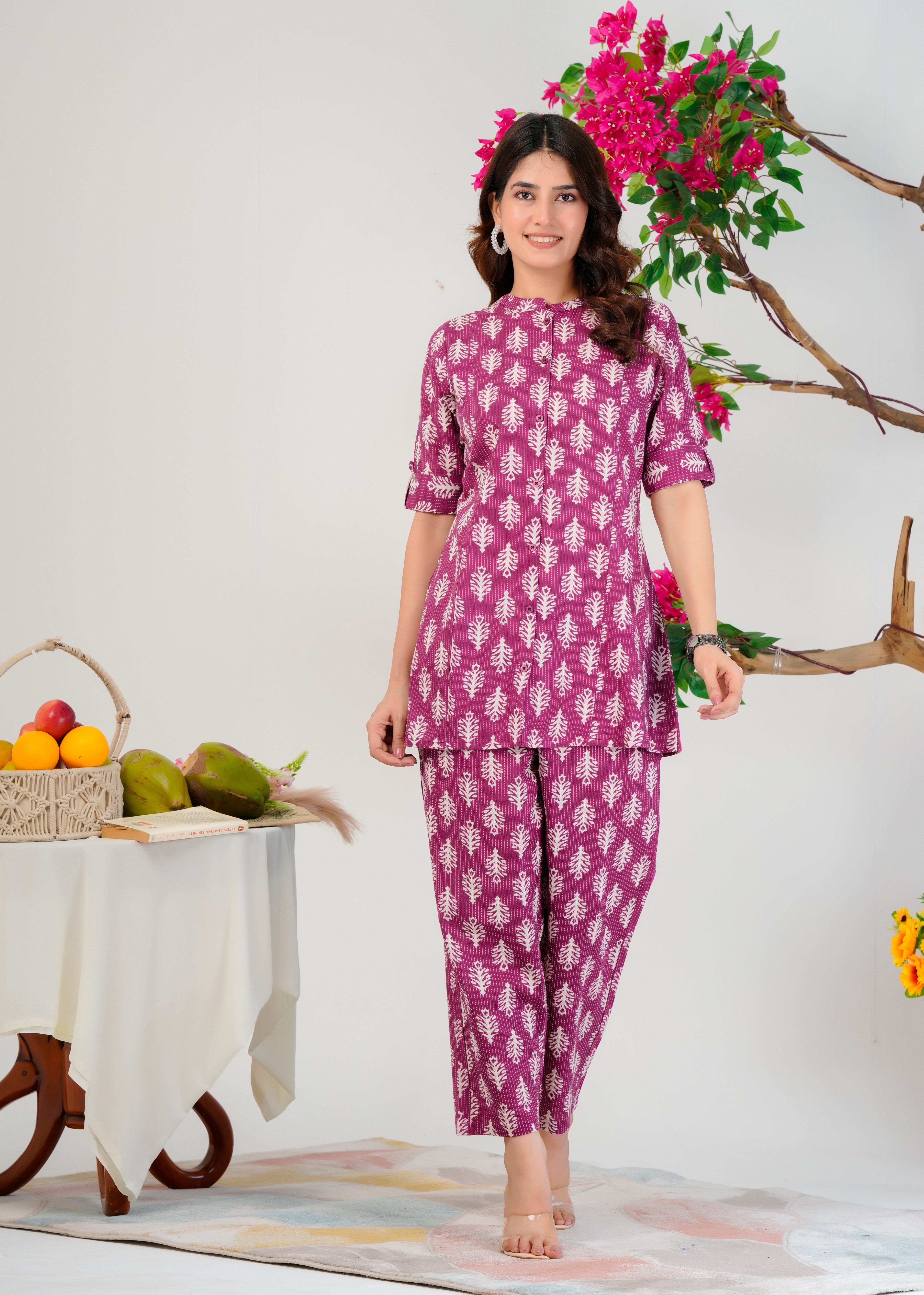 Purple Cotton Co-Ord Set With A Colored Floral Block Print