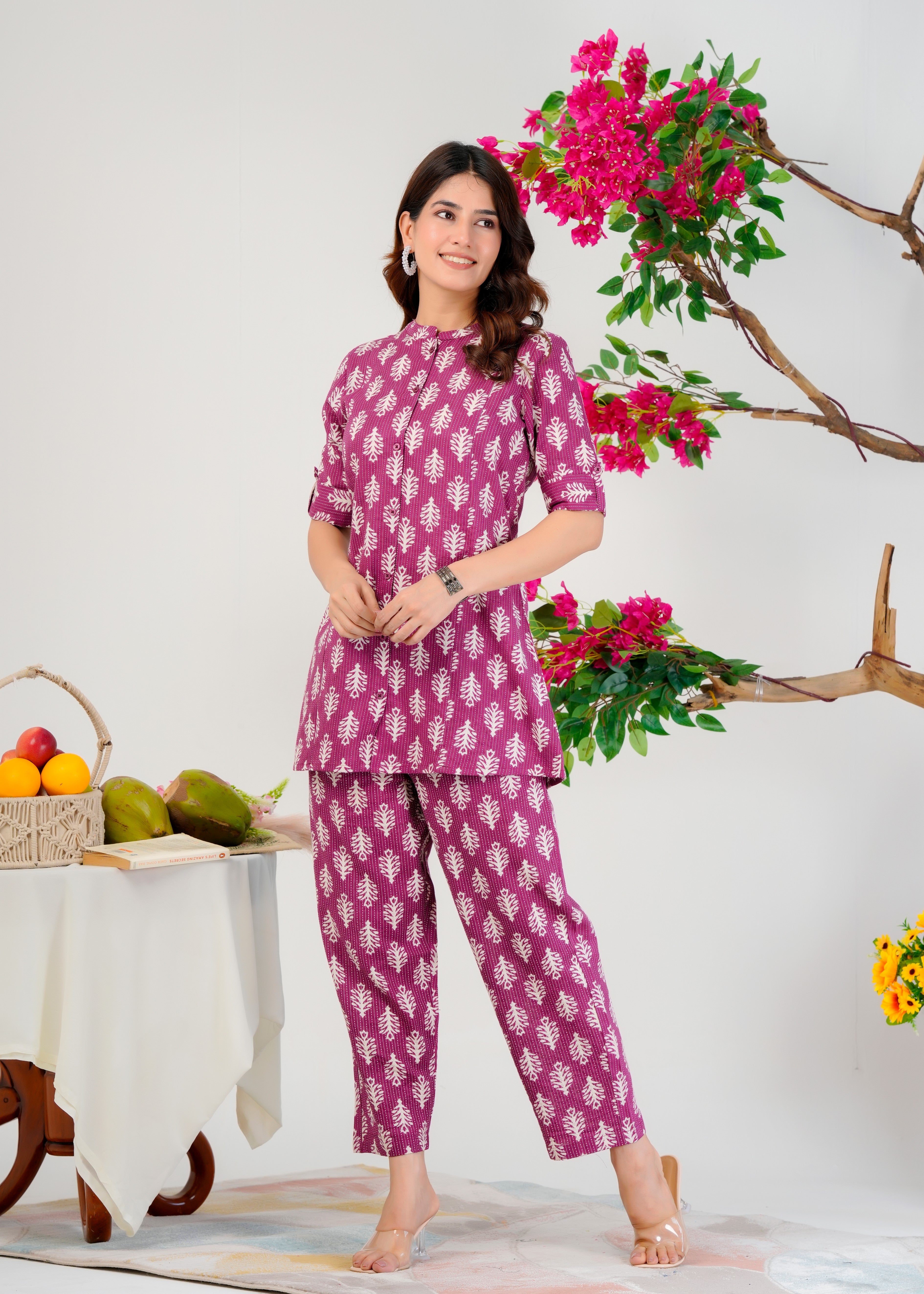 Purple Cotton Co-Ord Set With A Colored Floral Block Print