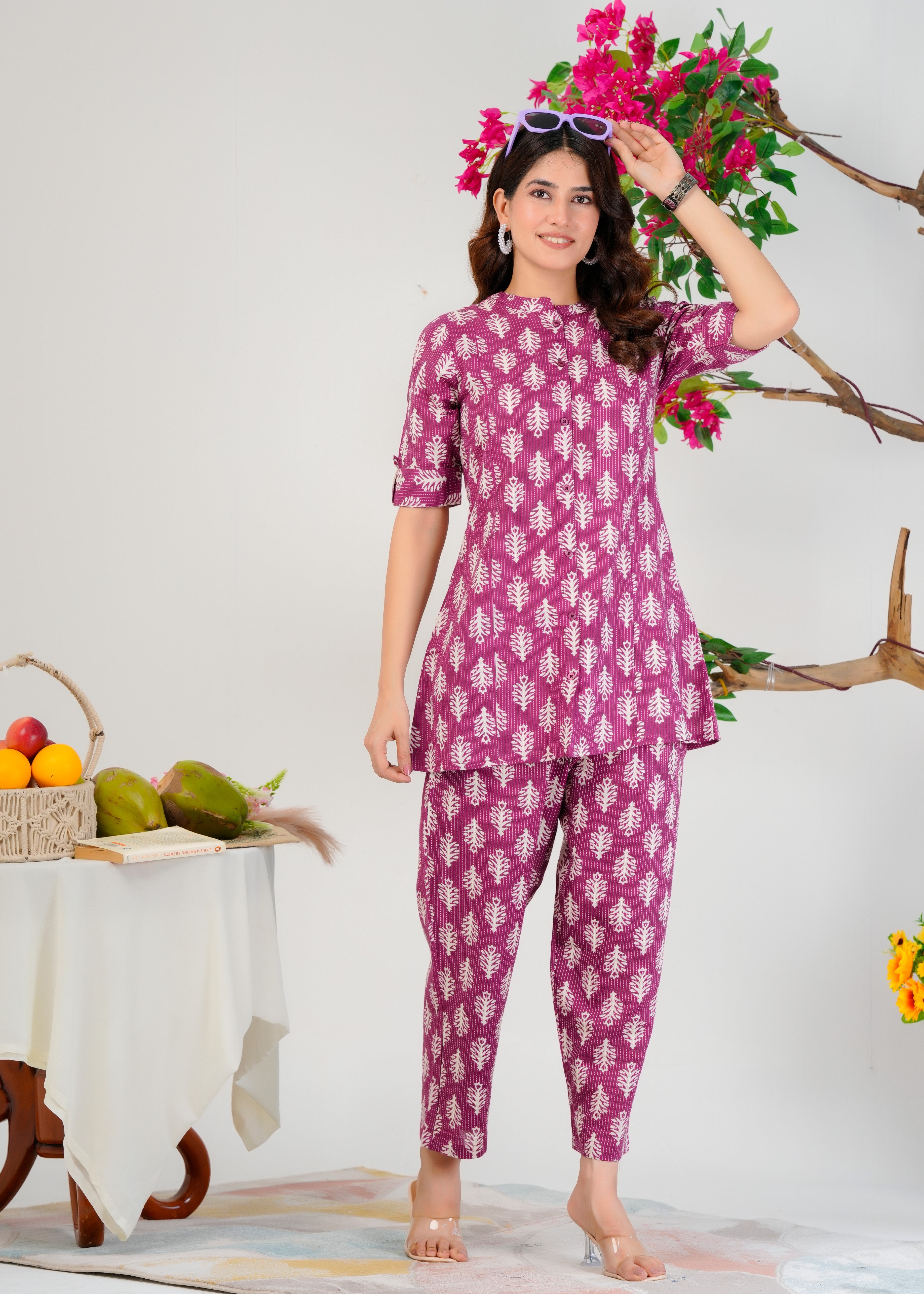 Purple Cotton Co-Ord Set With A Colored Floral Block Print