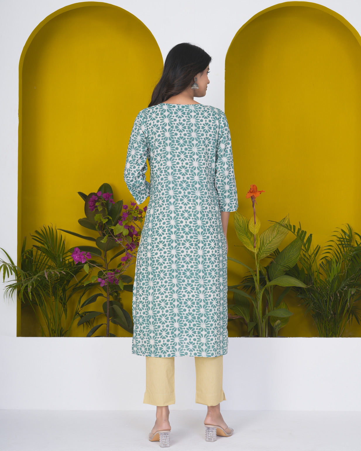 Green With Floral Print Cotton Kurti