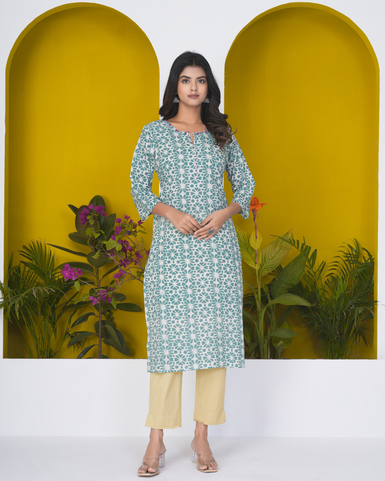 Green With Floral Print Cotton Kurti