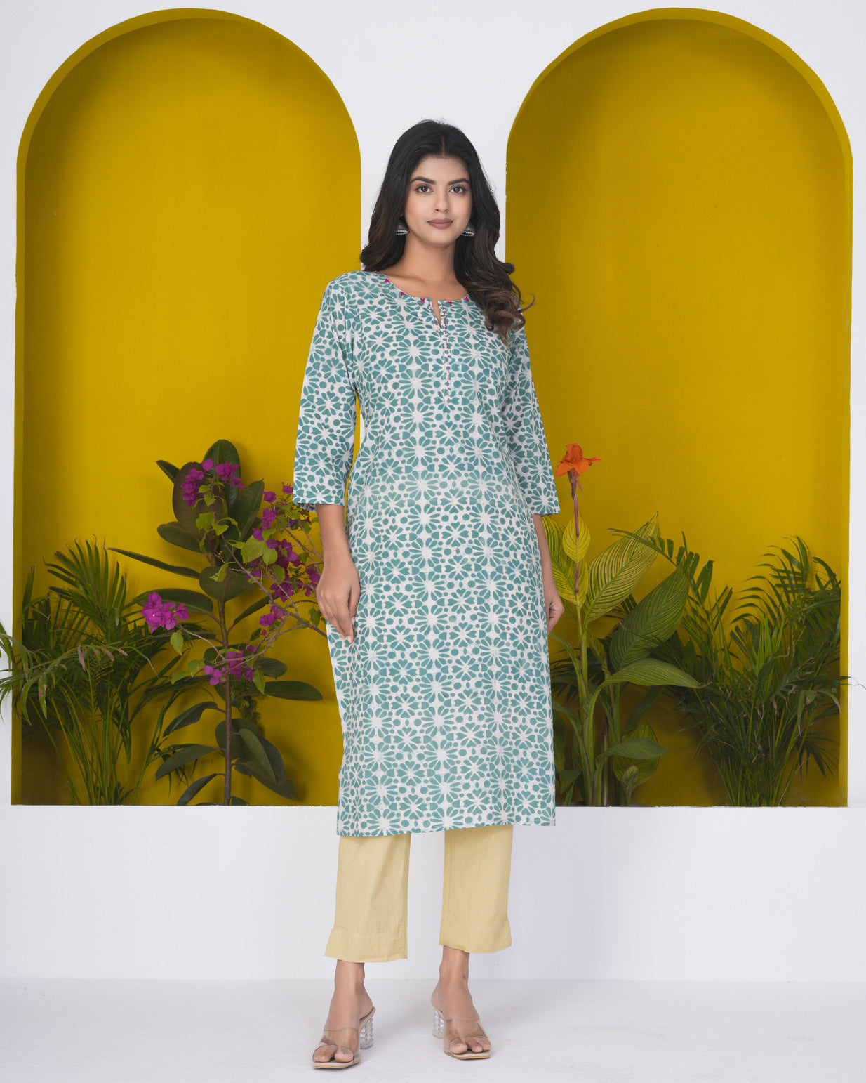 Green With Floral Print Cotton Kurti
