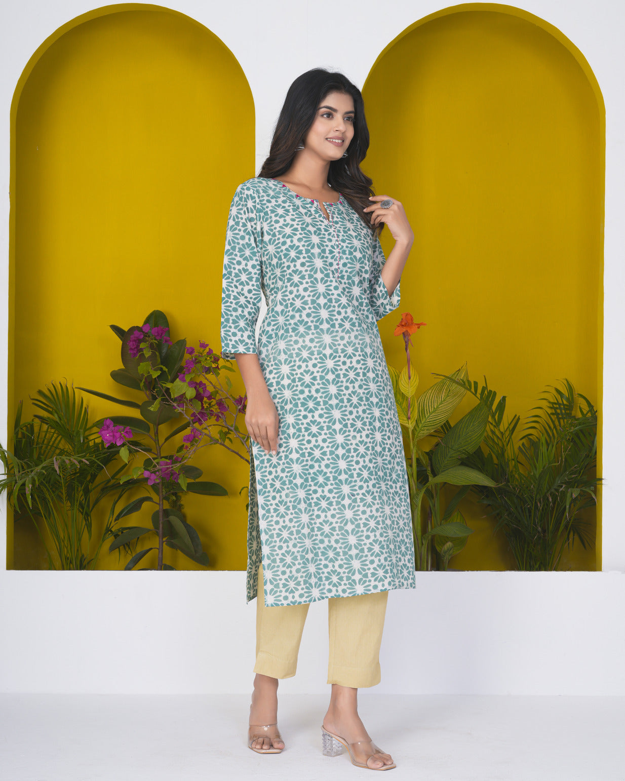 Green With Floral Print Cotton Kurti