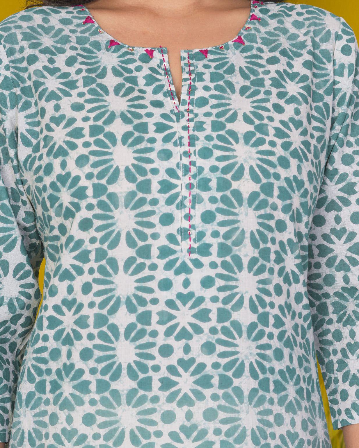 Green With Floral Print Cotton Kurti