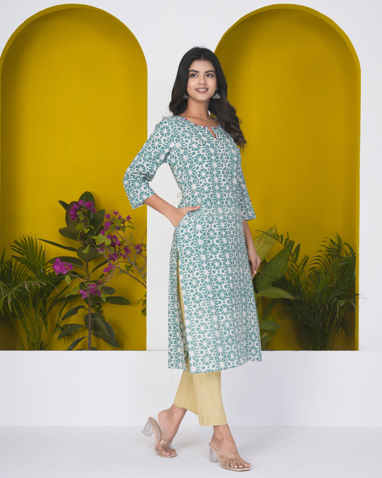 Green With Floral Print Cotton Kurti
