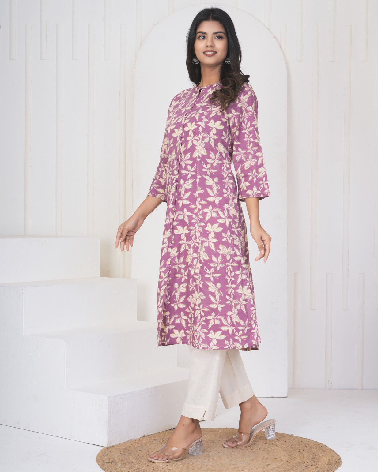 Onion With Cream Floral Print Cotton Kurti