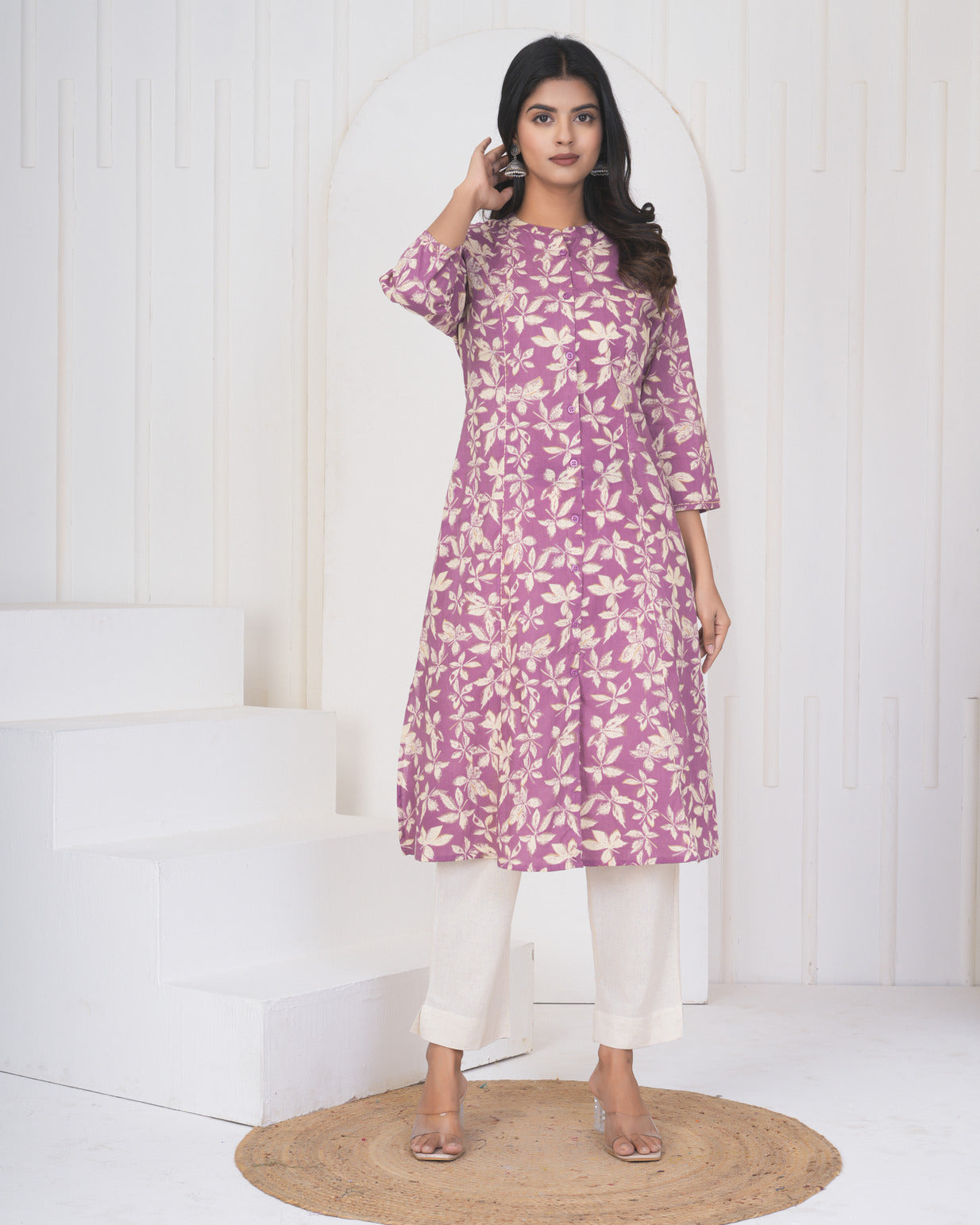 Onion With Cream Floral Print Cotton Kurti