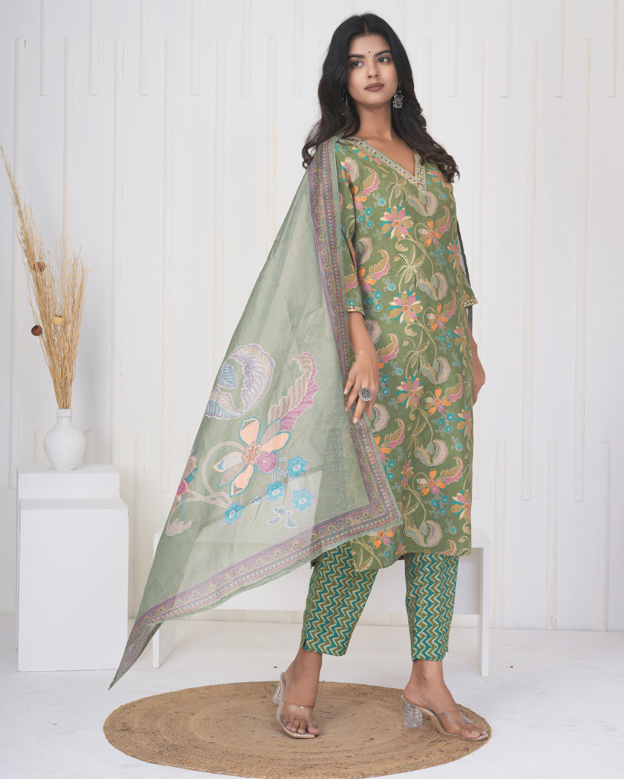 Green Floral Embroidered and Embellished Maslin Suit Set