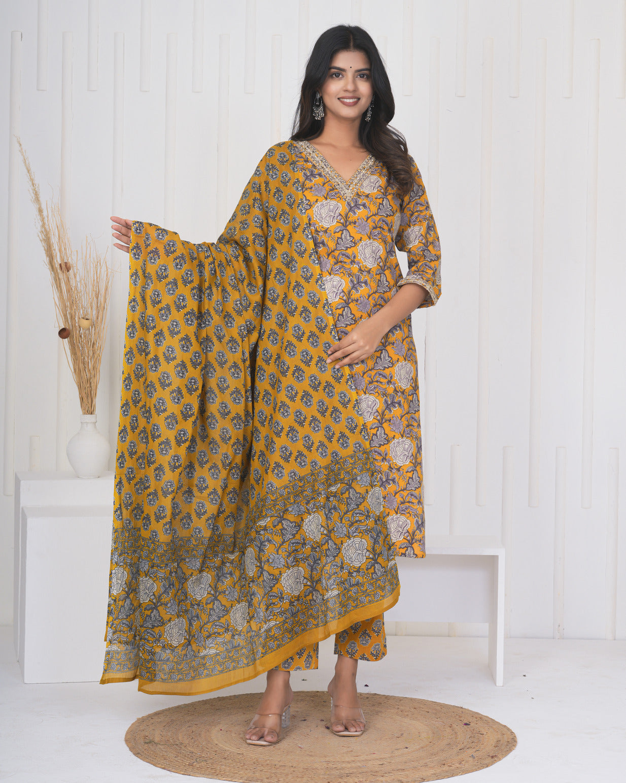 Turmeric With Floral Cotton Suit Set