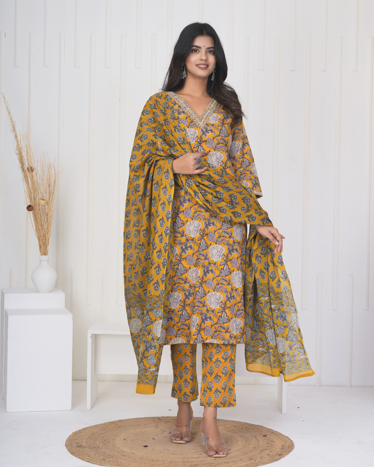 Turmeric With Floral Cotton Suit Set