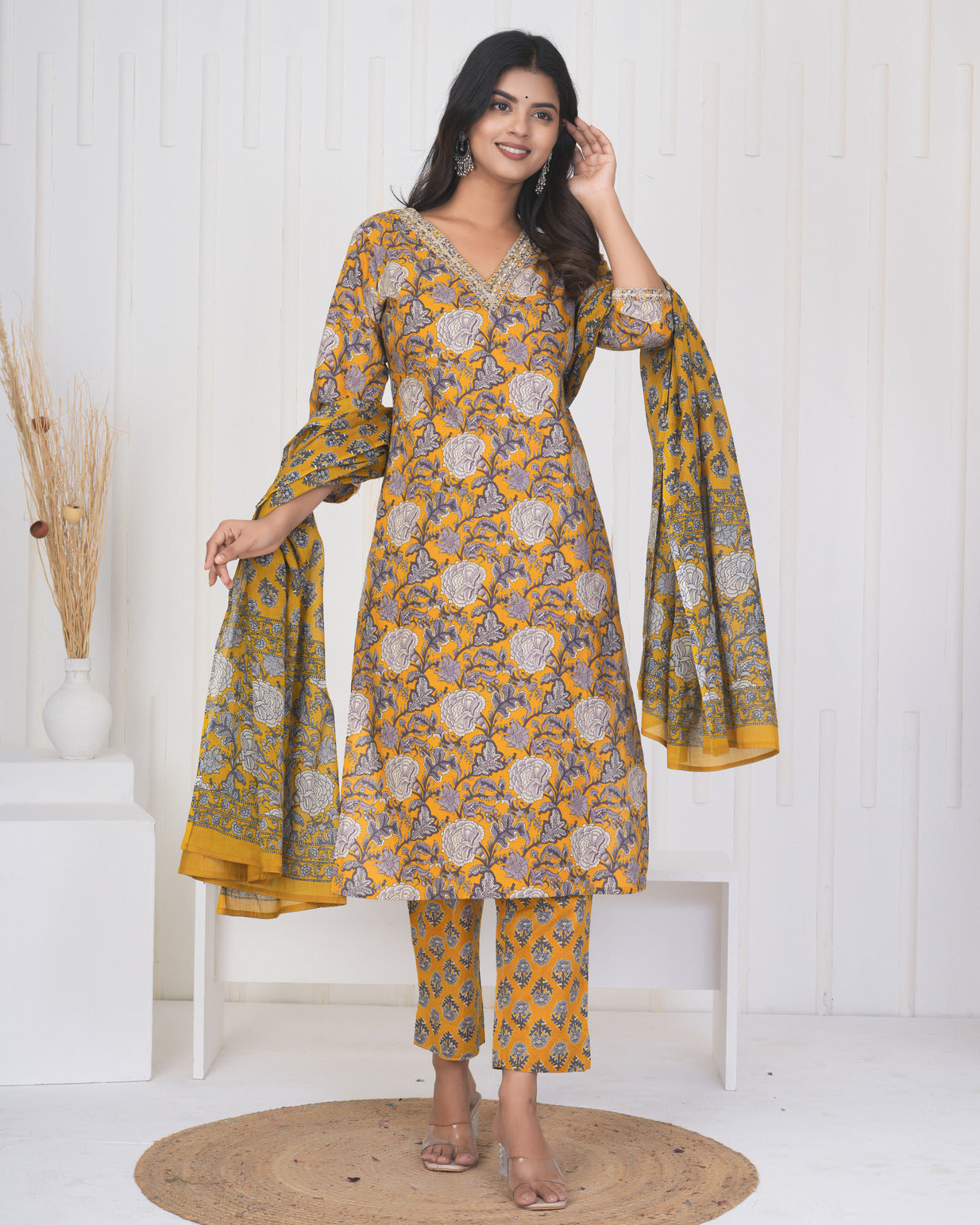 Turmeric With Floral Cotton Suit Set
