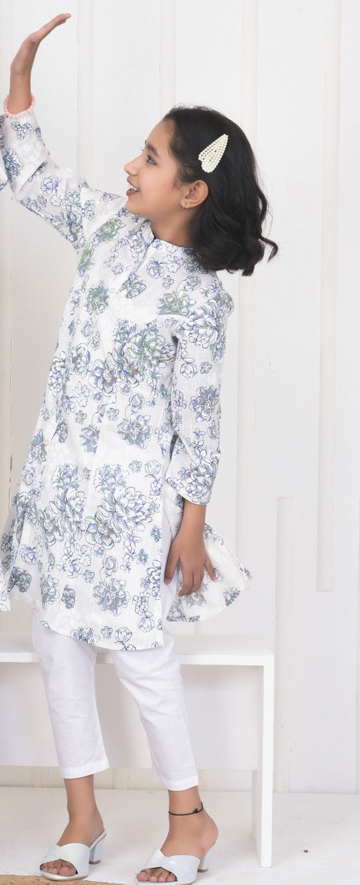 White With Embroidery Floral Work Cotton Kurti