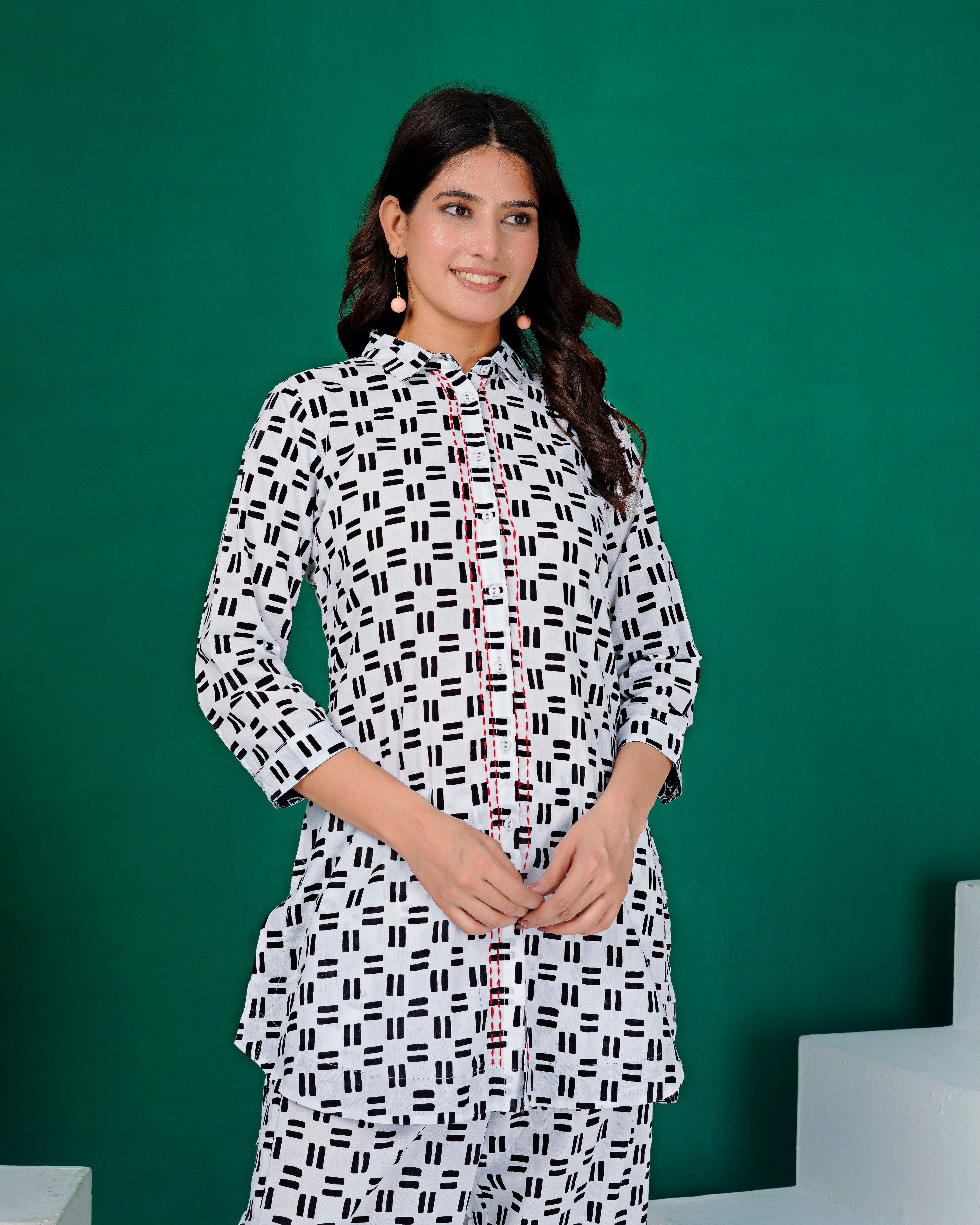 White Cross-Weave Geometric Print Cotton Coords