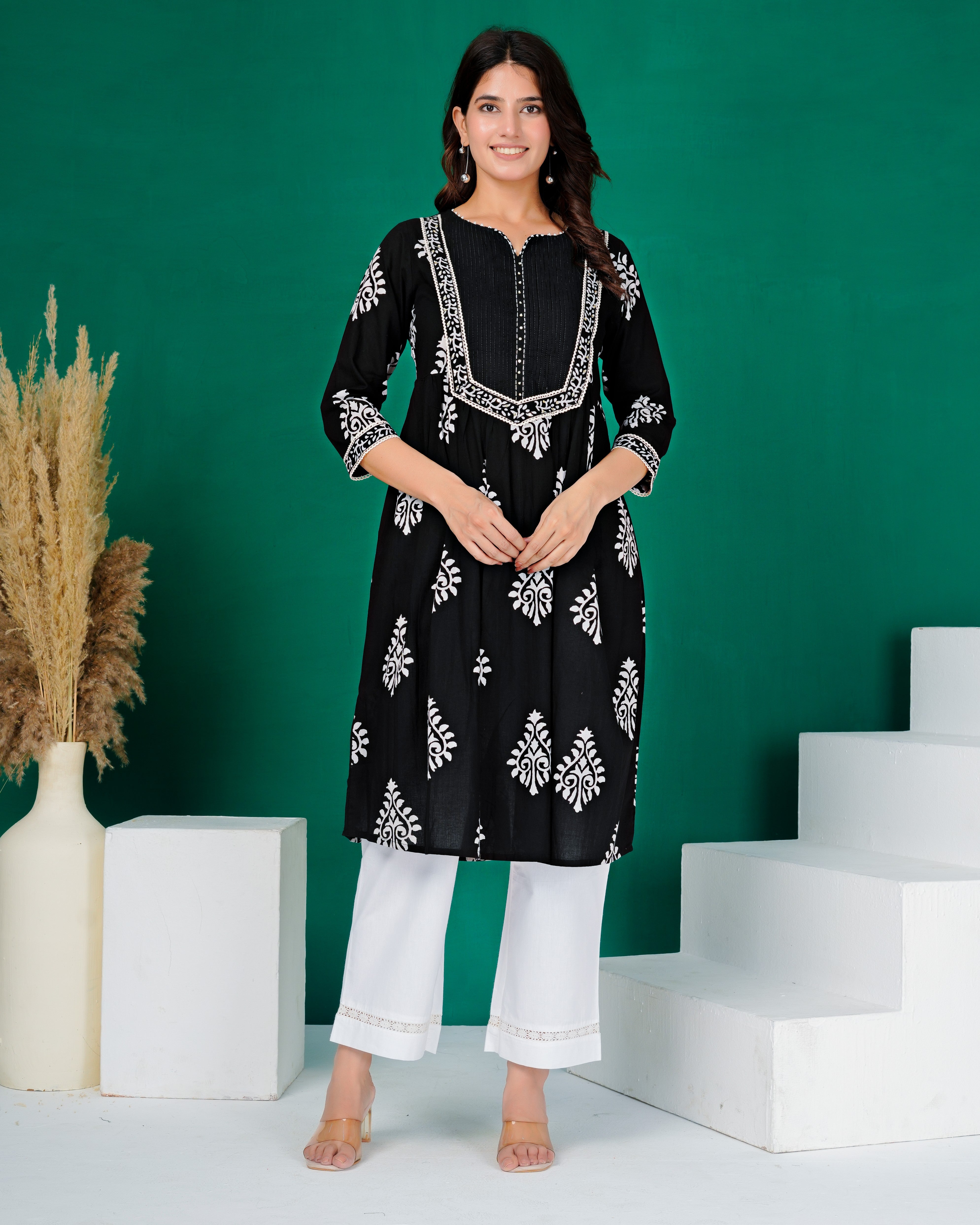 Black Printed Ethnic Kurta With White Embroidered Motifs