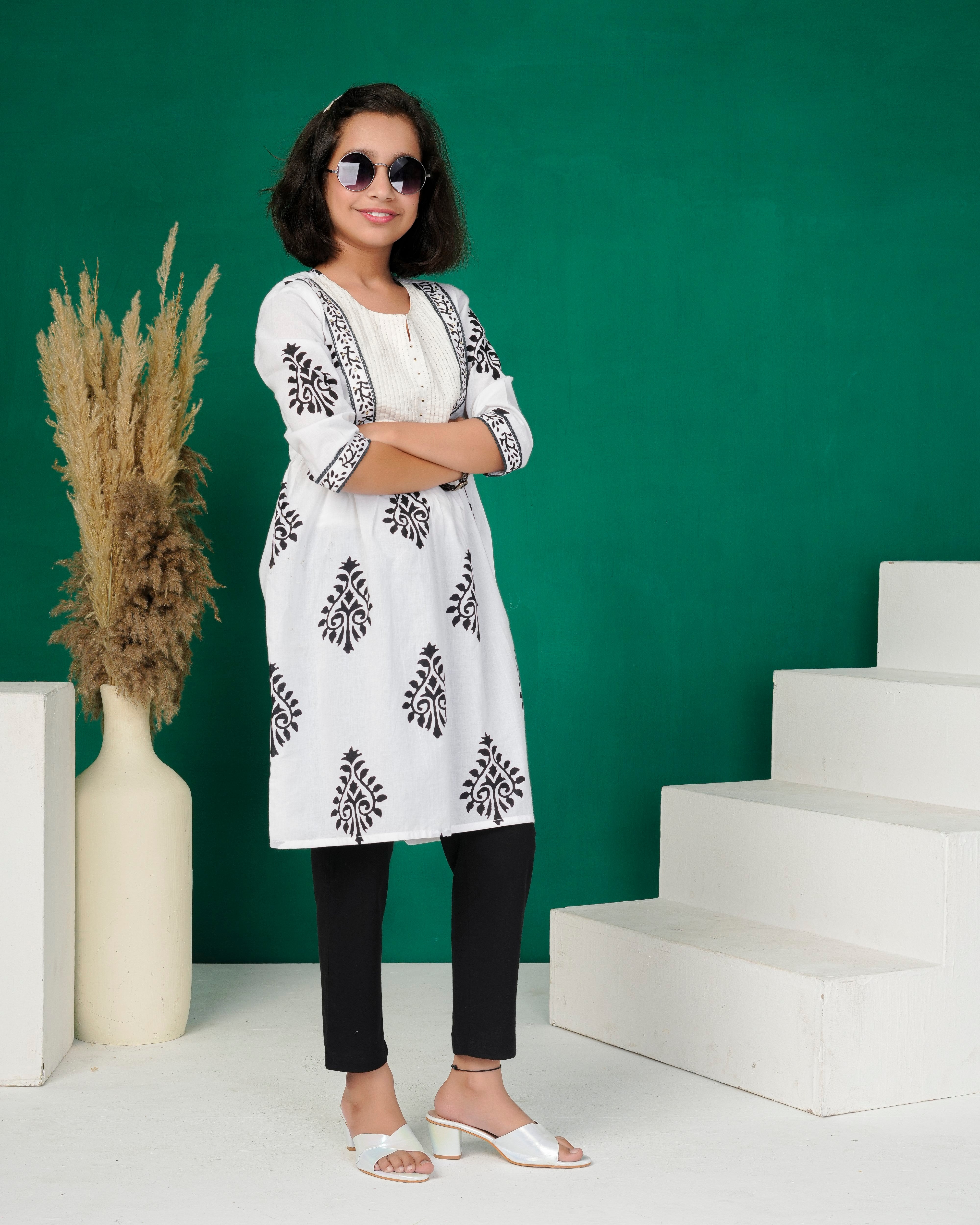 White Hand-Block Patch Yoke Cotton Kurti
