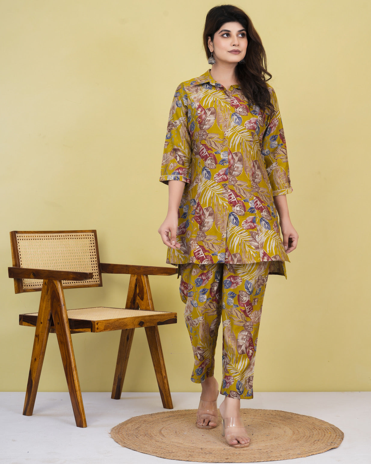 Golden Yellow With Floral Printed Maslin Co-Ord Set