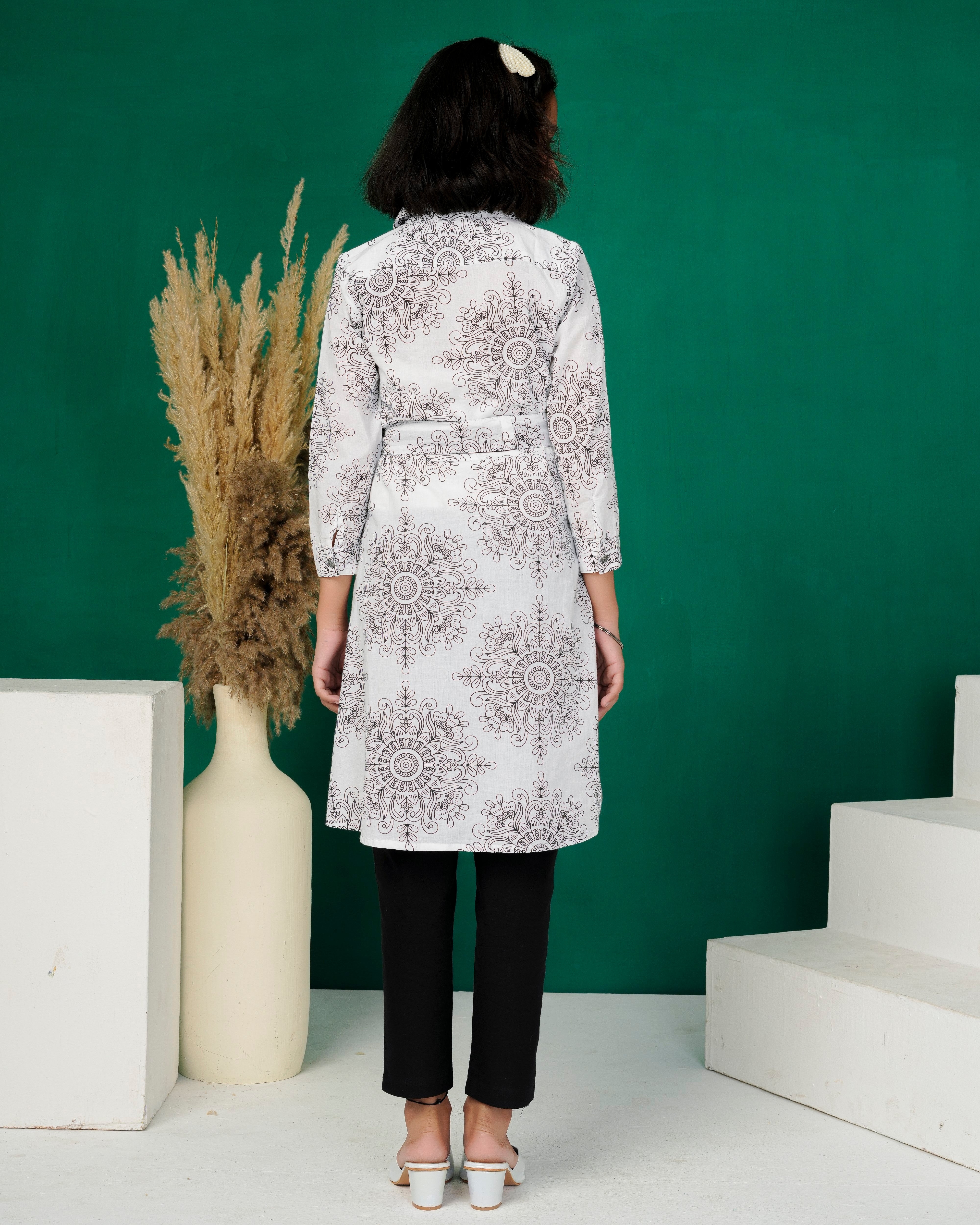 White Mandala Belted Shirt-Kurti