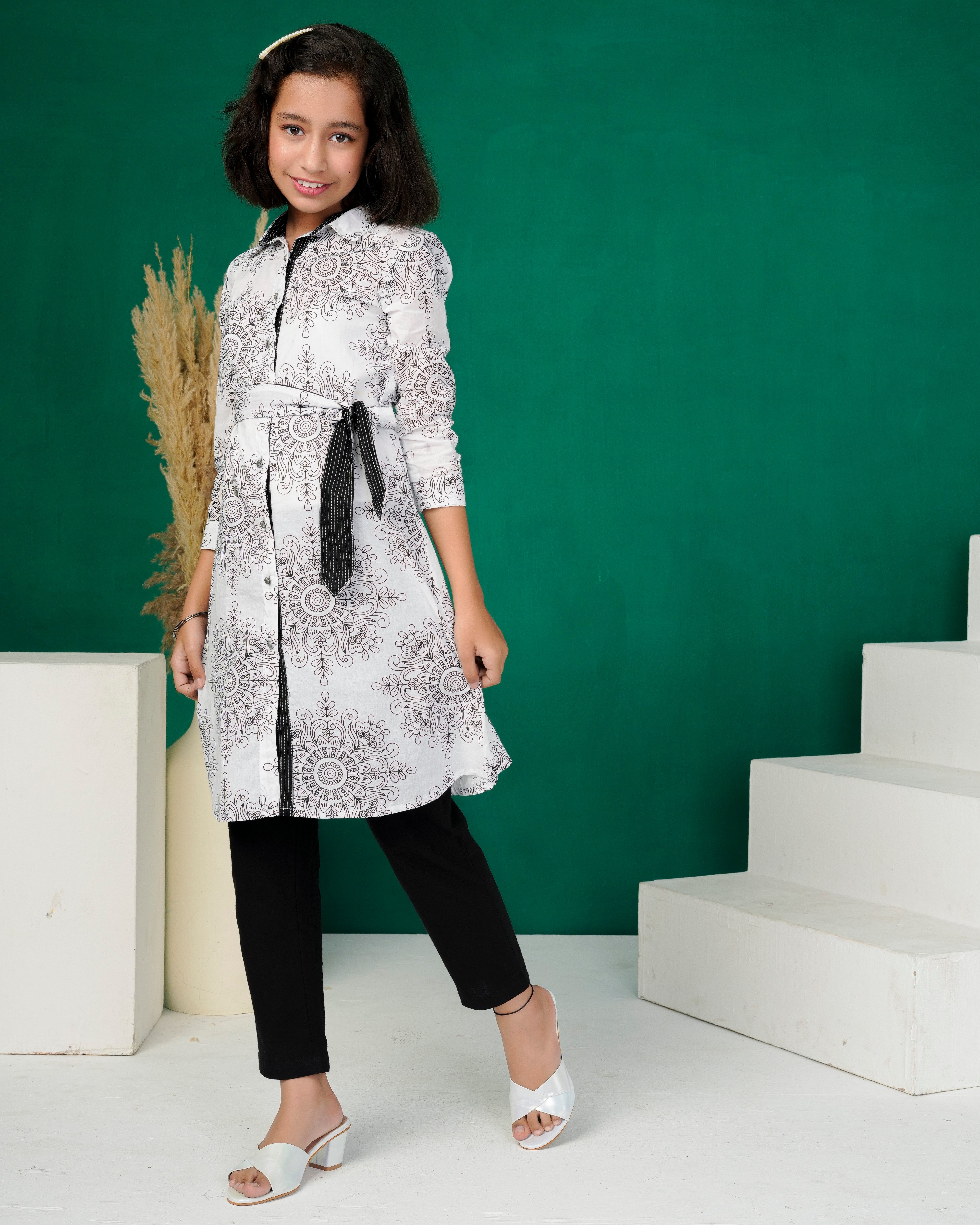 White Mandala Belted Shirt-Kurti