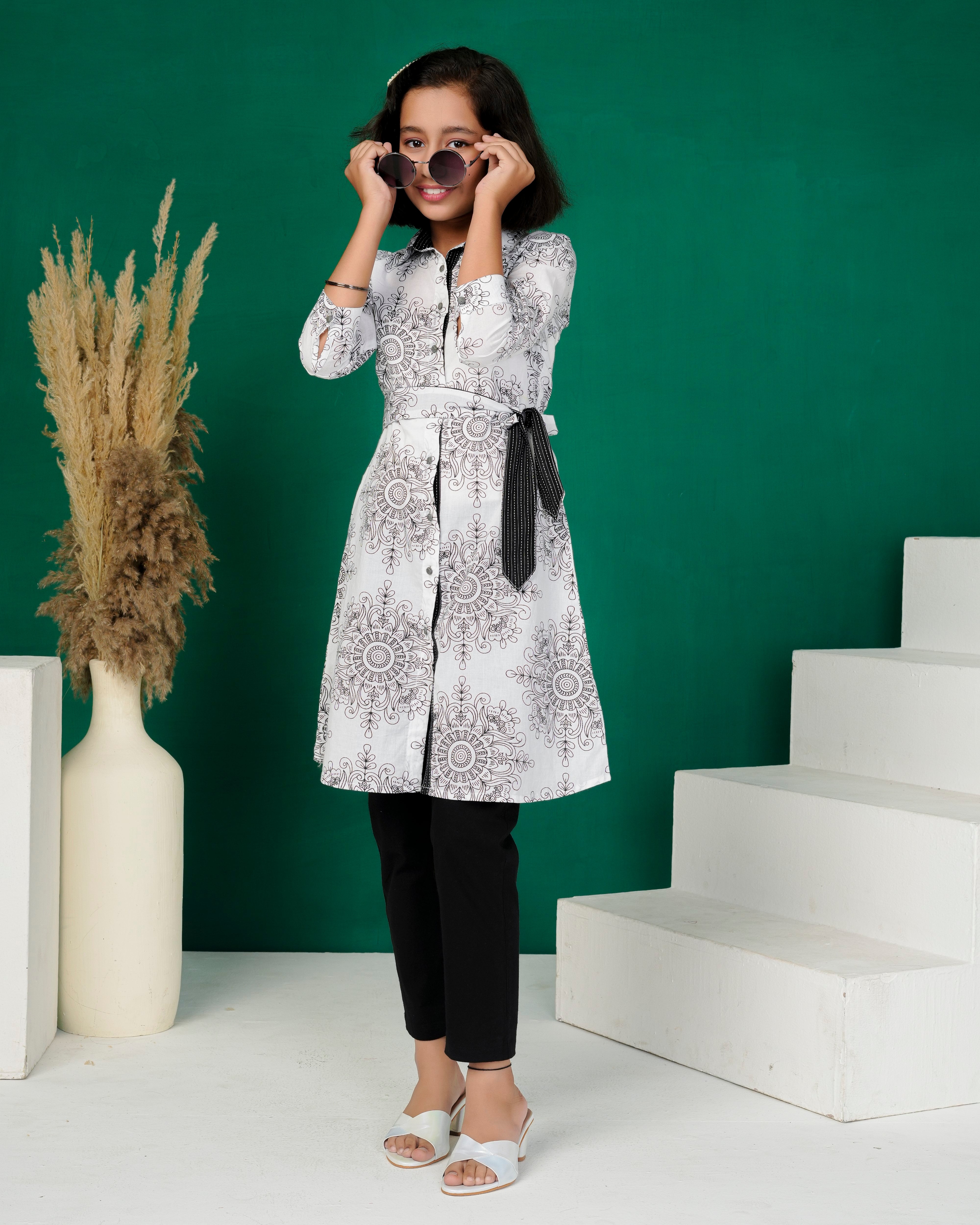 White Mandala Belted Shirt-Kurti