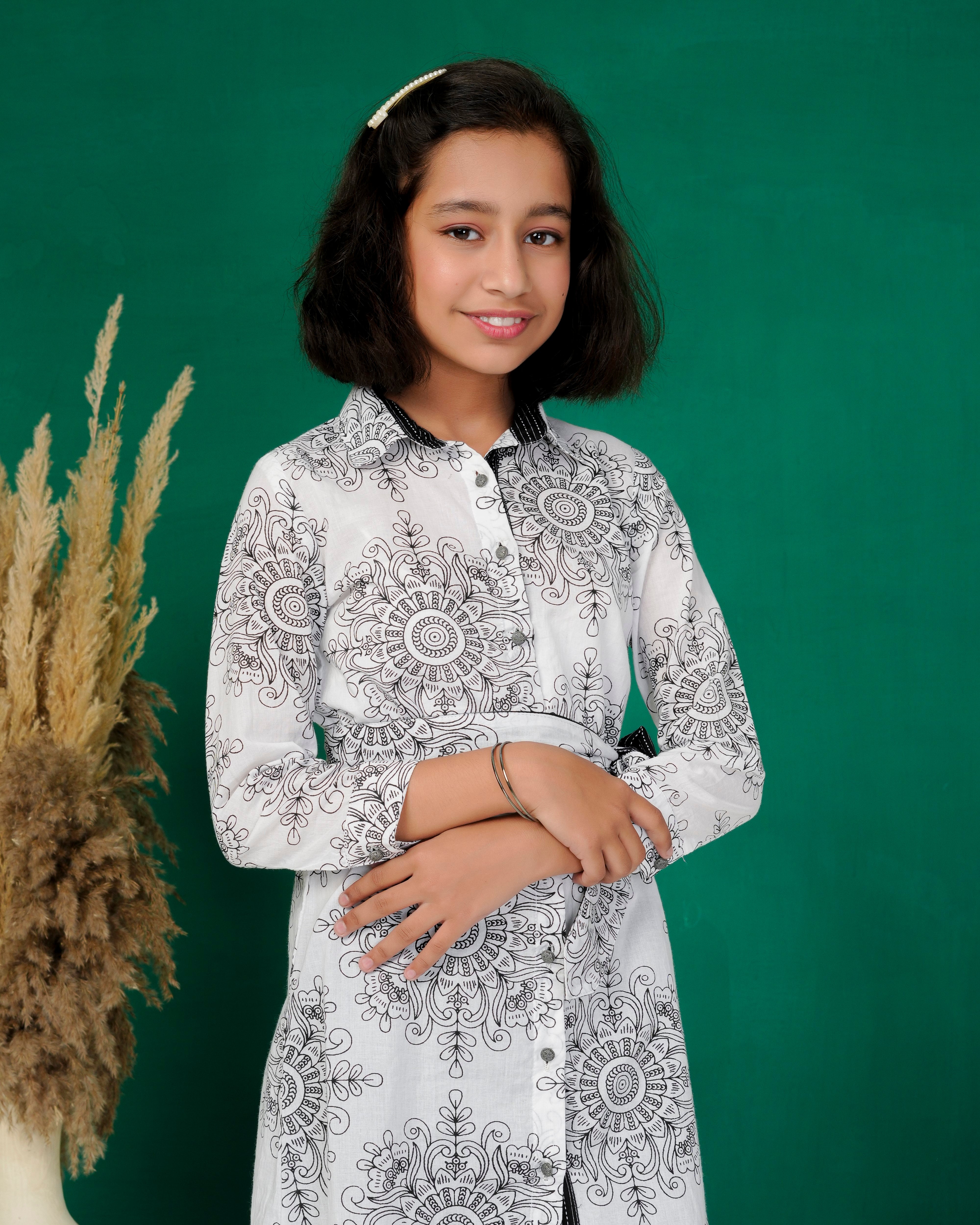 White Mandala Belted Shirt-Kurti