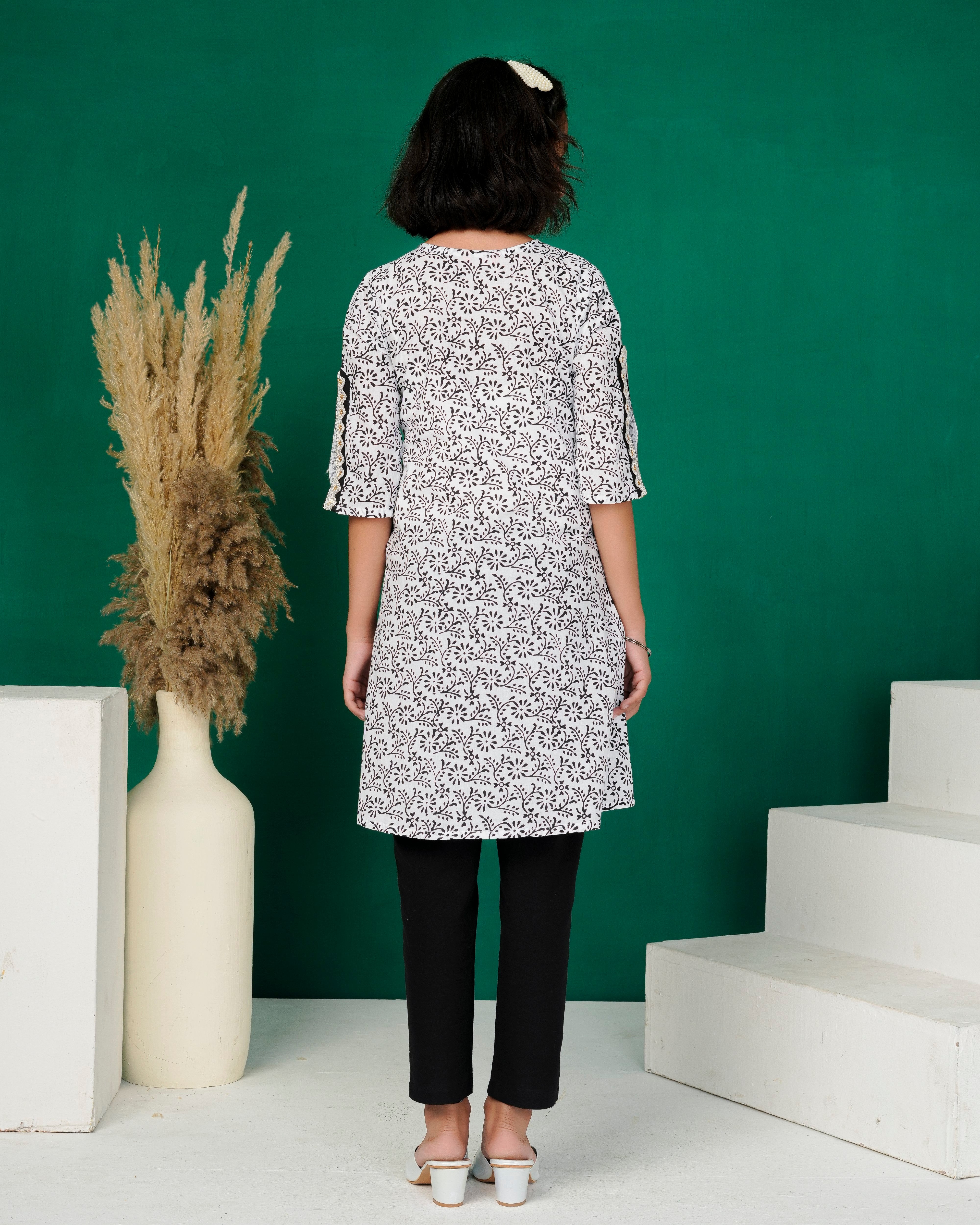 White Black Speckle Straight Cut Cotton Kurti
