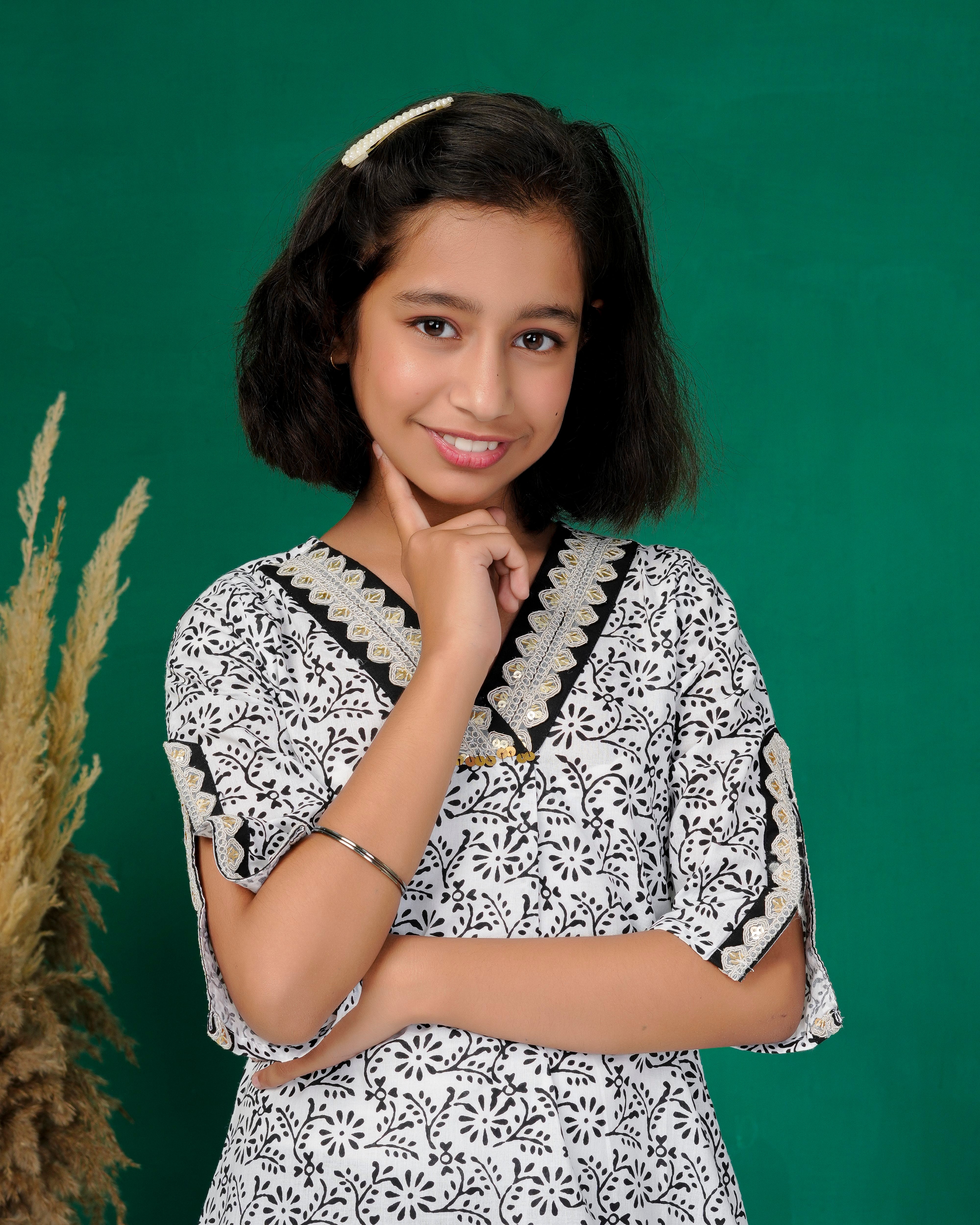 White Black Speckle Straight Cut Cotton Kurti
